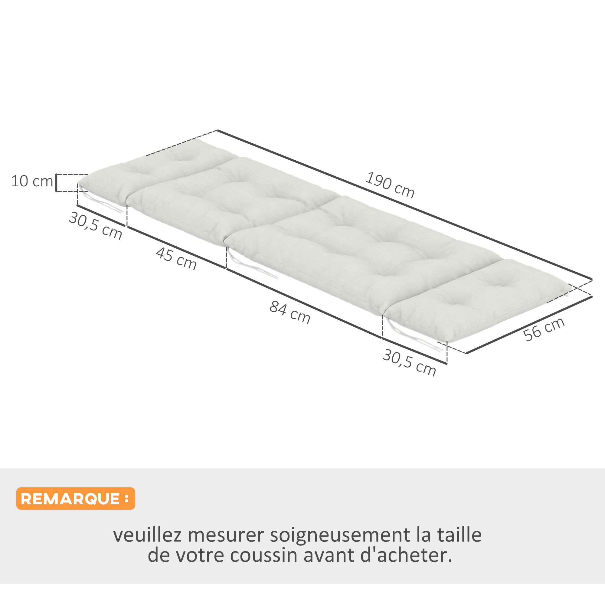 Set of 2 Sun Lounger Cushions - Thick, Comfortable, and Padded - Lounger Mat with 6 Attachments, 190 x 56 x 10 cm, Light Grey