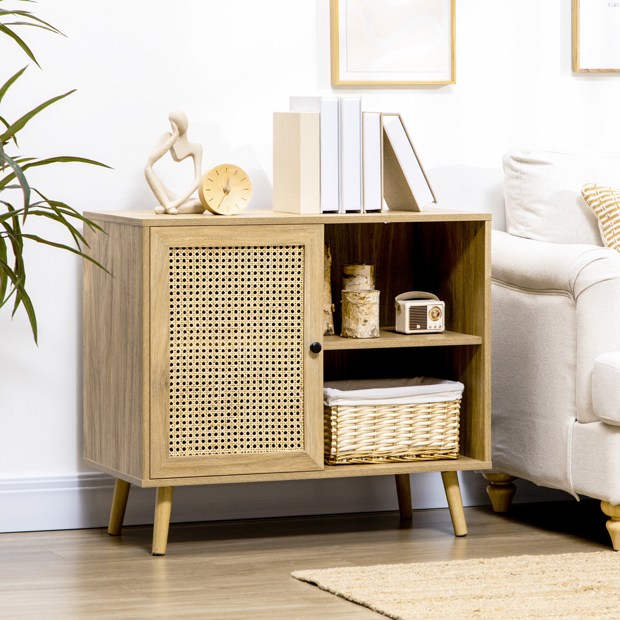 HOMCOM Varastobuffetkaappi 1 Rottinkiefektisellä puuovella - mitat 80L x 39W x 70H cm