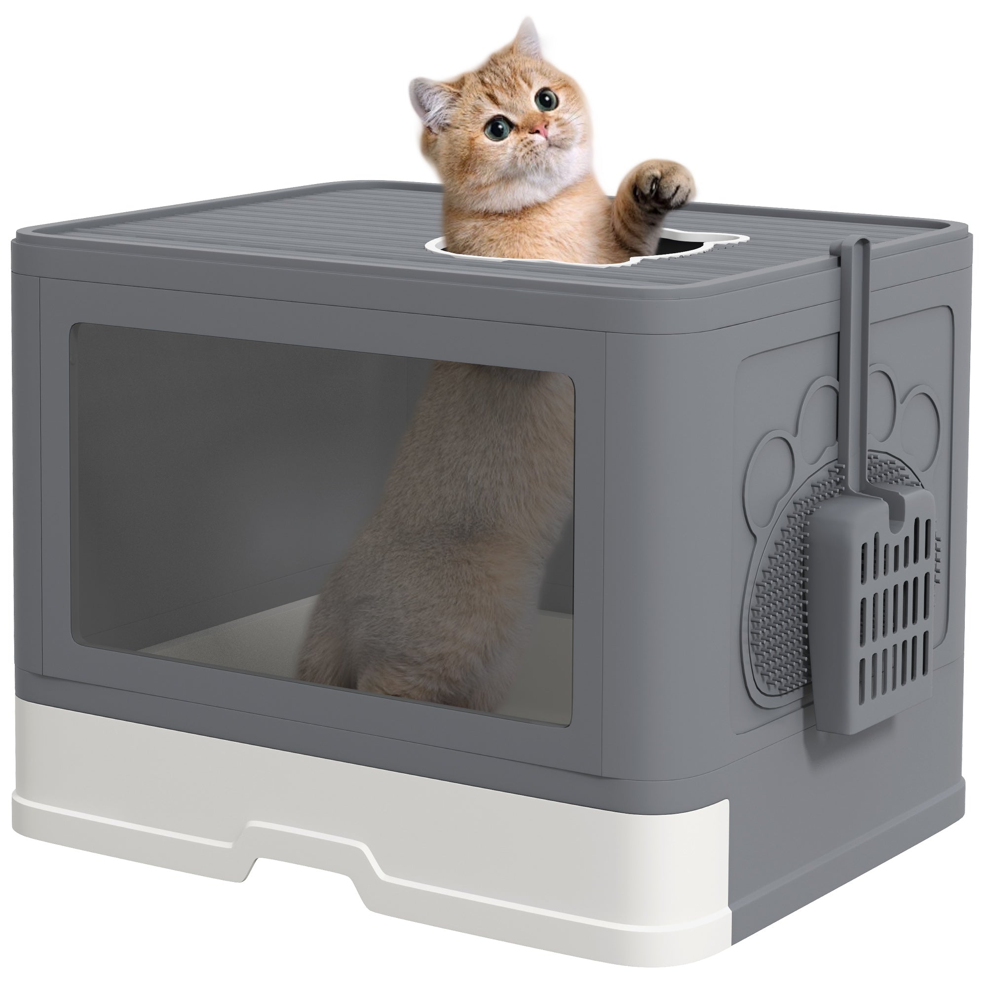 PawHut Kat Afvalbak met Deksel, Schep, Toilet voor Katten tot 4 kg, Voor Binnen, Kunststof Grijs 48,5 x 38 x 36,5 cm