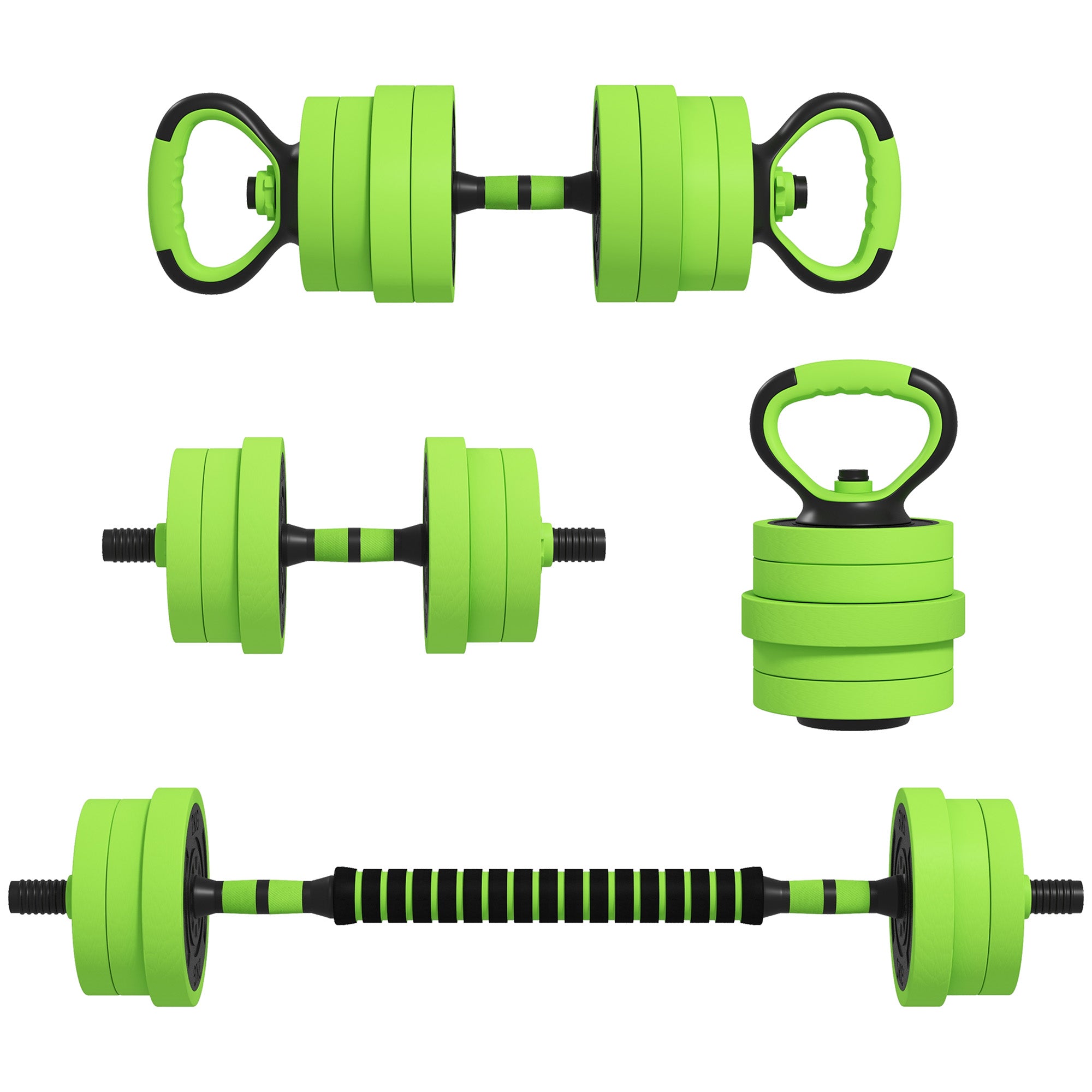 SPORTNOW 4 in 1 Gym Gewichte Set - Insgesamt 40 kg aus Plastik und Sand, einstellbares Kurzhantelset nutzbar als Kettlebell, 2 Kurzhanteln, Langhantel und Liegestützständer, Grün