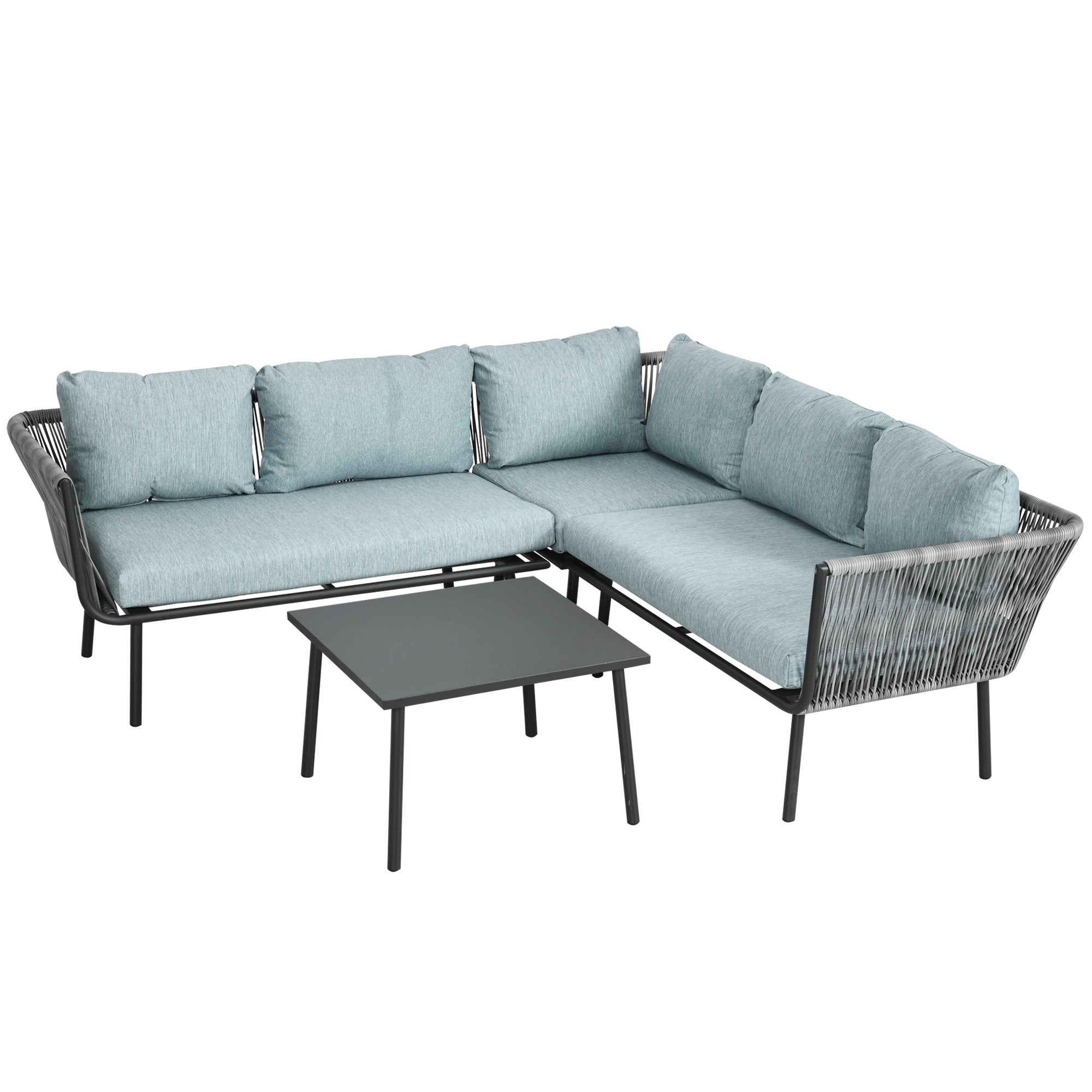 Outdoor Rattan Furniture Set 4 Piece Patio Sofa Set, Corner Garden Sofa with Cushions, Modular Outdoor Seating Set with Coffee Table, Aluminium Frame, Grey