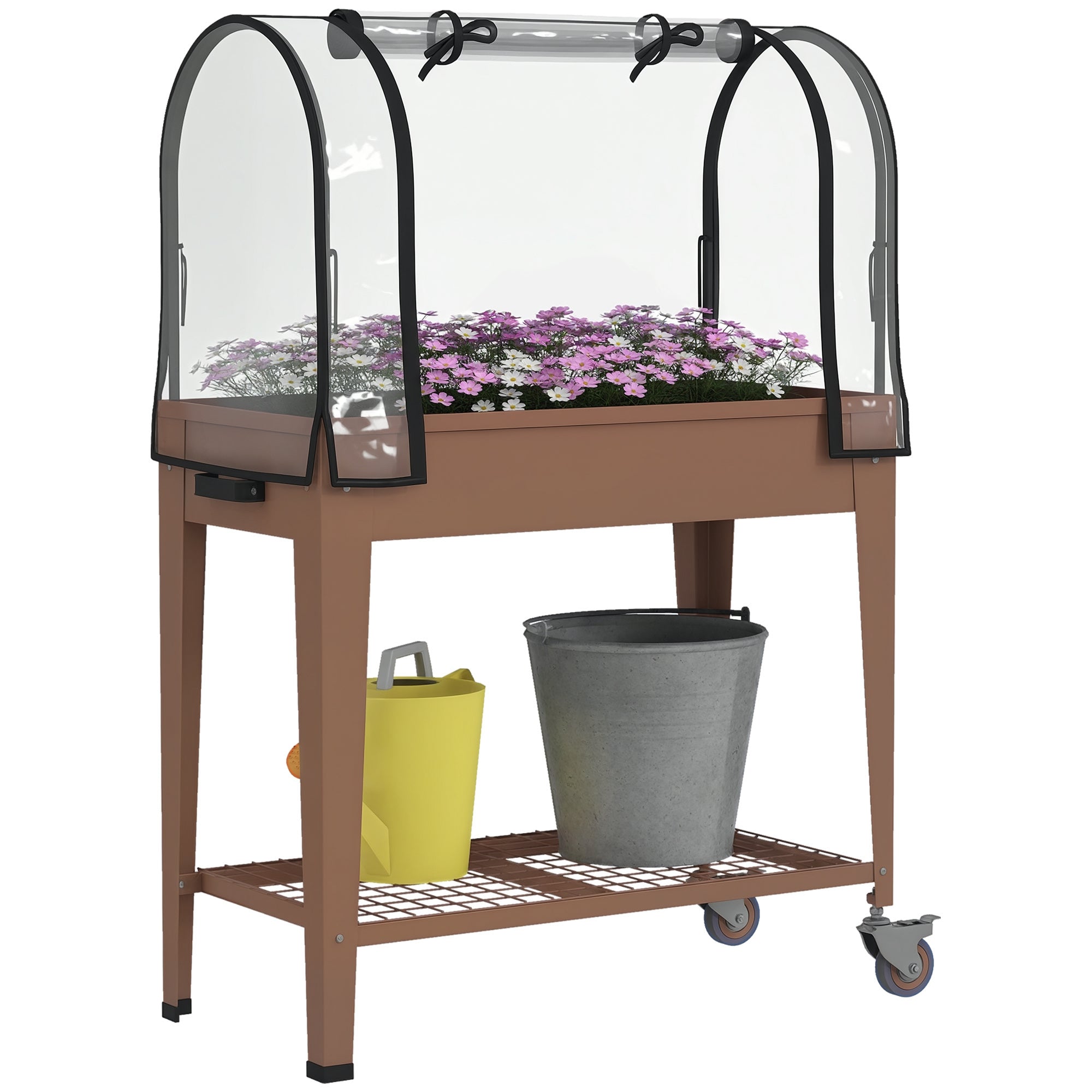 Outsunny Hochbeet mit Rollen 80x40x120 cm Erhöhtes Urban Gardening mit Gewächshausabdeckung und unterem Regal zum Pflanzen von Blumen und Gemüse Braun