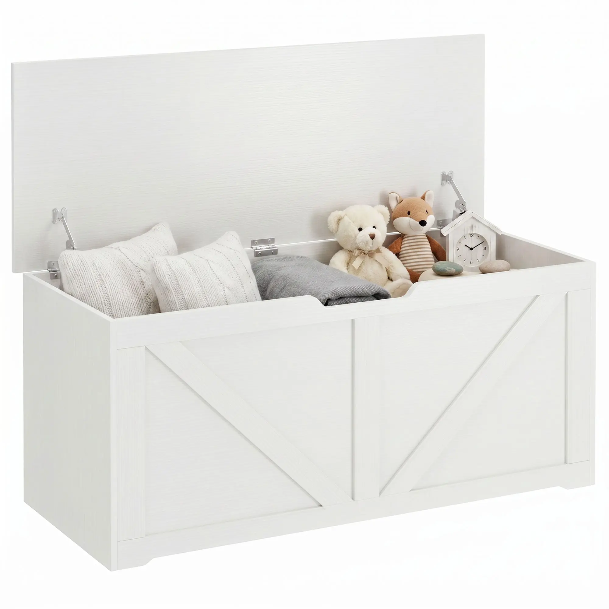 127L Indoor Storage Bench with 2 Safety Hinges & U-Opening, Living Room & Entryway Chest, 100 x 40 x 45 cm, White Wood Effect