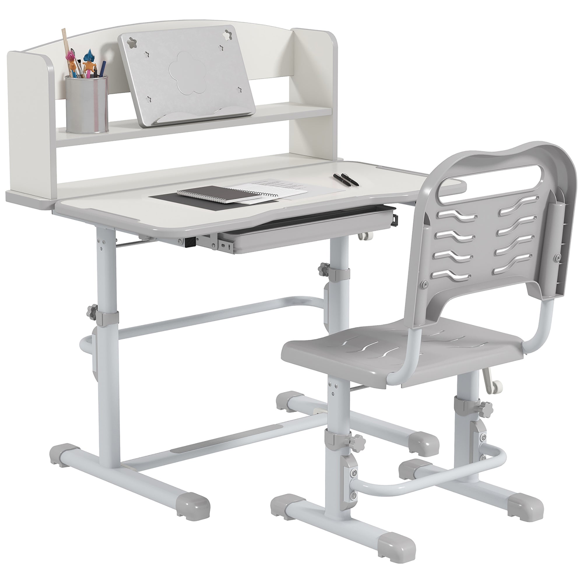 ZONEKIZ Set Stola i Stolice za Djecu 6-12 Godina Podesive Visine s 1 Ladicom, 1 Policom i Podesivim Kutom Stola 80x54.5x82-104 cm Siva i bijela