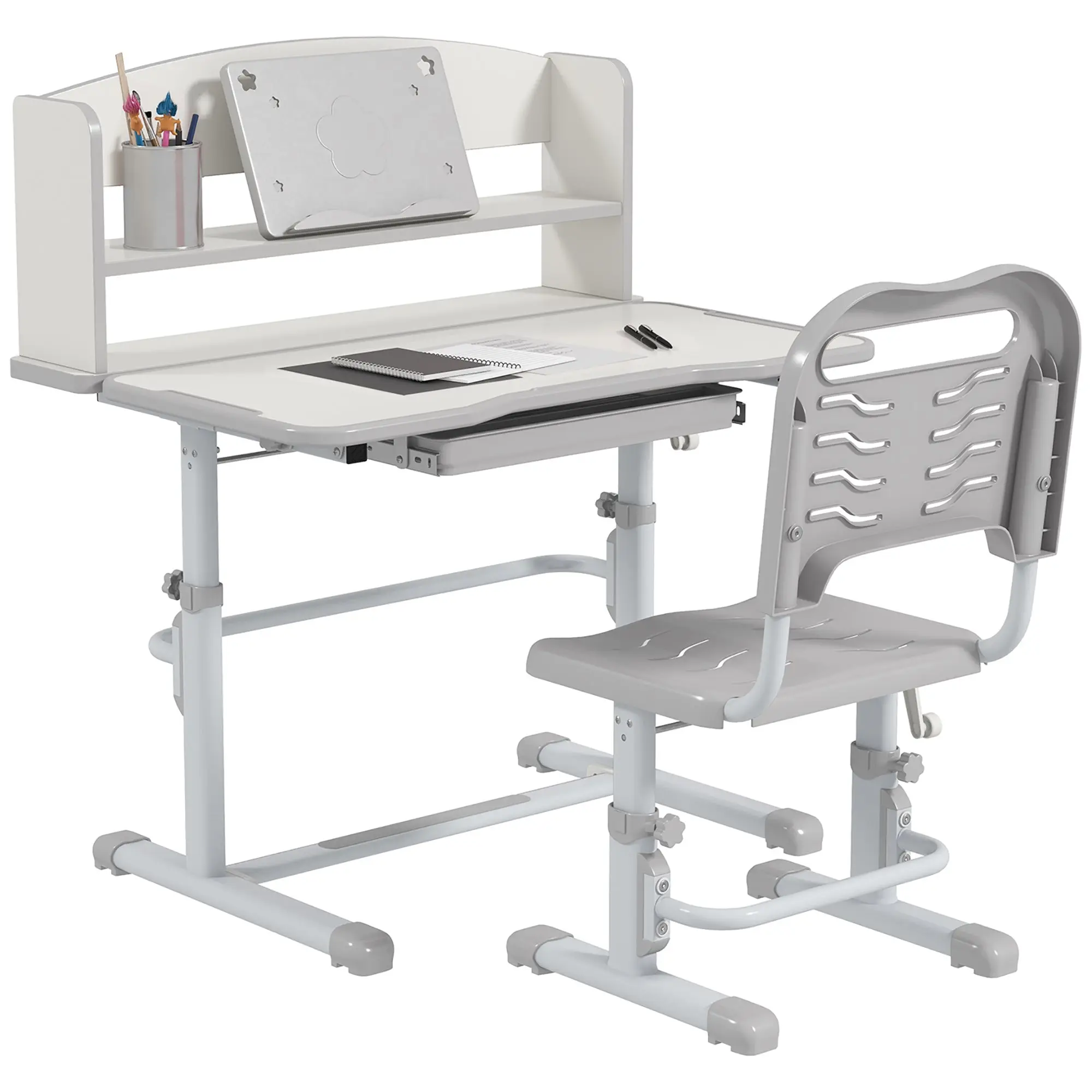 ZONEKIZ Kids' Desk and Chair Set for 6-12 Years Adjustable Height Children's Desk with 1 Drawer 1 Bookshelf and Adjustable Table Angle 80x54.5x82-104 cm Gray and White