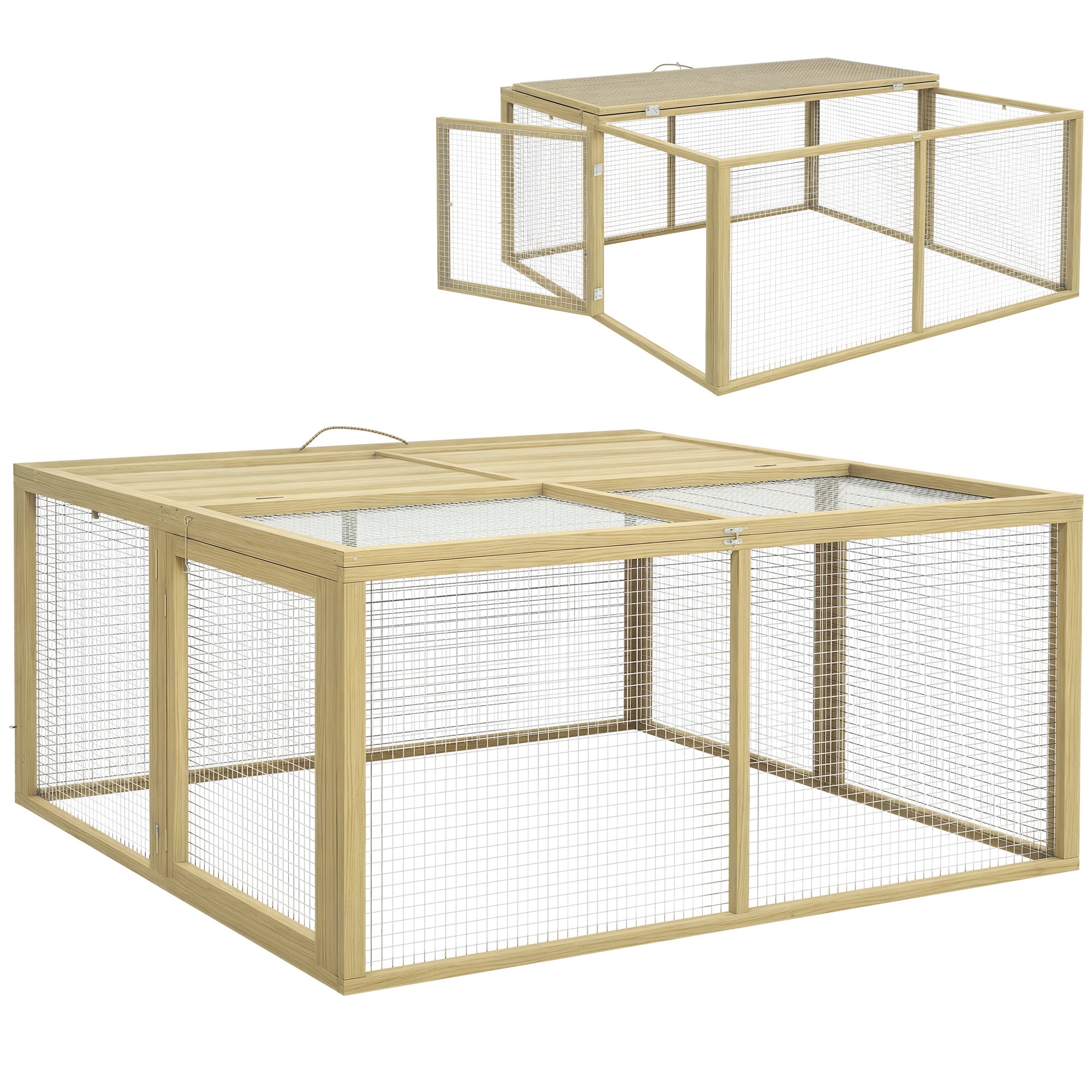 Rabbit Hutch for Dwarf Rabbits made of Wood, Foldable Small Animal Hutch with Outdoor Run, Rabbit Hutch with Foldable Roof Handle for Guinea Pigs, Natural, 110 x 105 x 50 cm