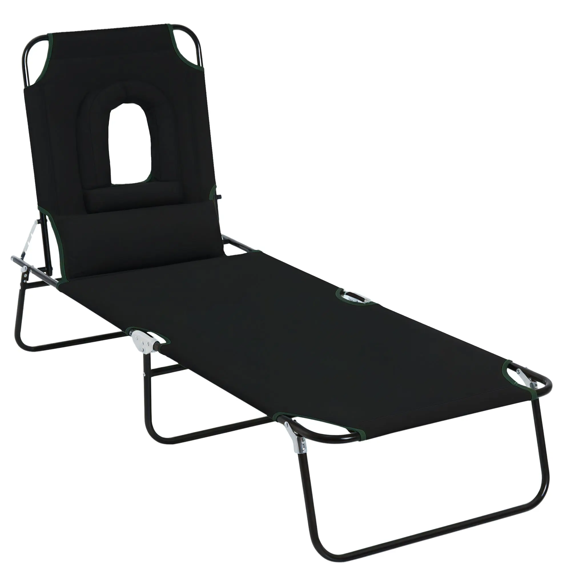 Folding Outdoor Sun Lounger with Face Hole and Cushions, Garden Sun Lounger, Beach & Camping, Black
