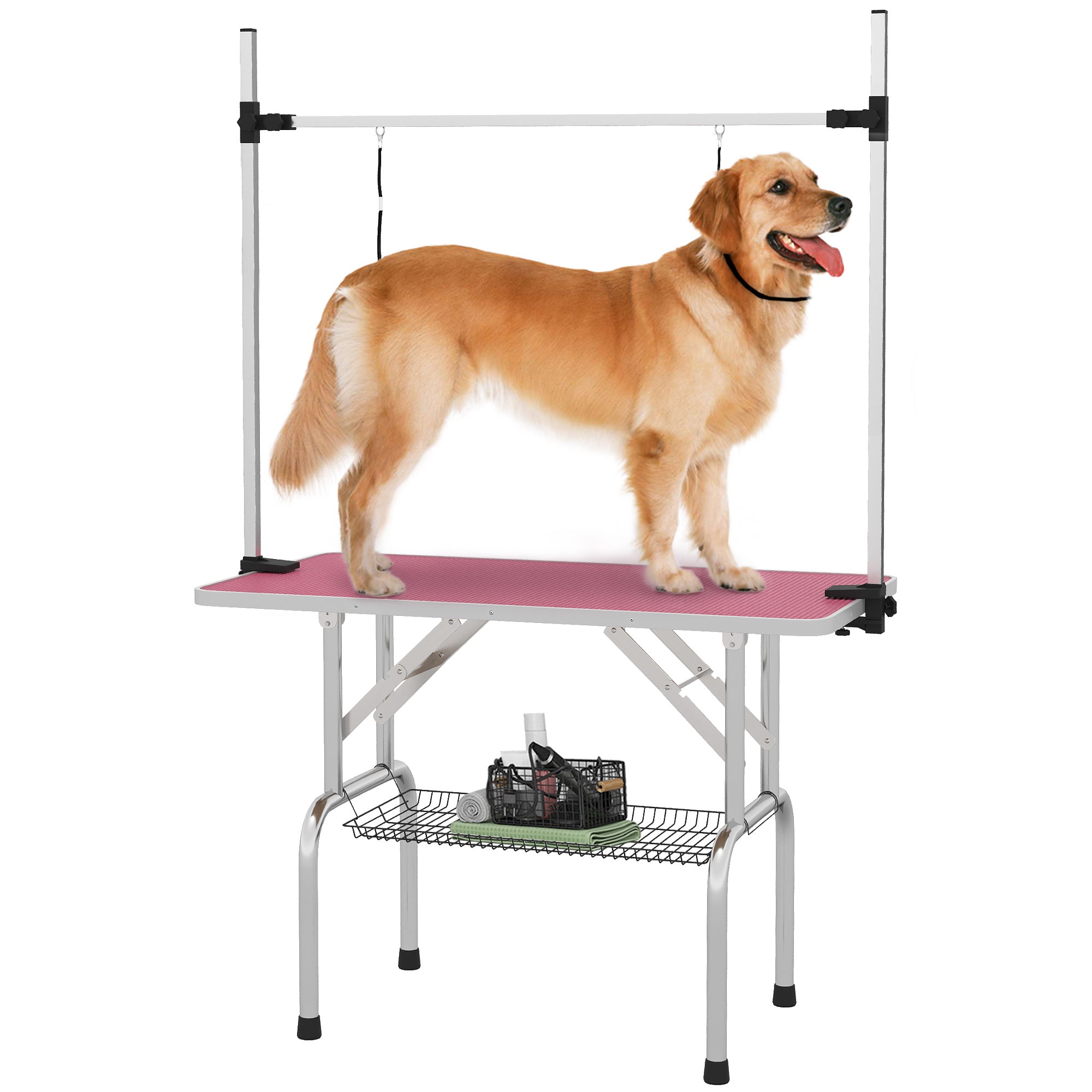 PawHut sammenklappeligt plejebord til kæledyr med metalnetbakke, skridsikker overflade og justerbar arm i rustfrit stål — til hunde og katte, 107 x 60 x 164 cm, lyserød