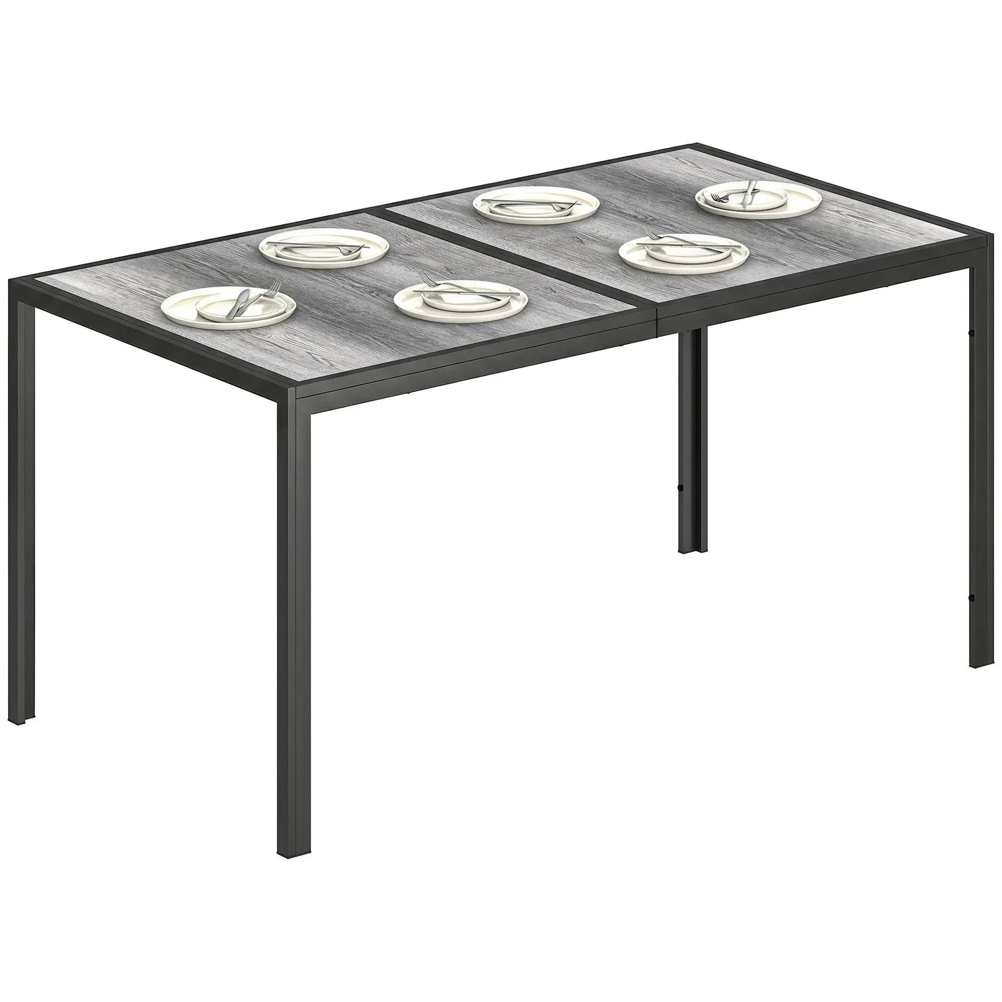 Rectangular Outdoor Dining Table for 4–6, Wood‑Effect PSPC Top & Steel Legs, for Balcony/Porch/Terrace, 150 x 80 x 74 cm (59 x 31.5 x 29 in), Gray