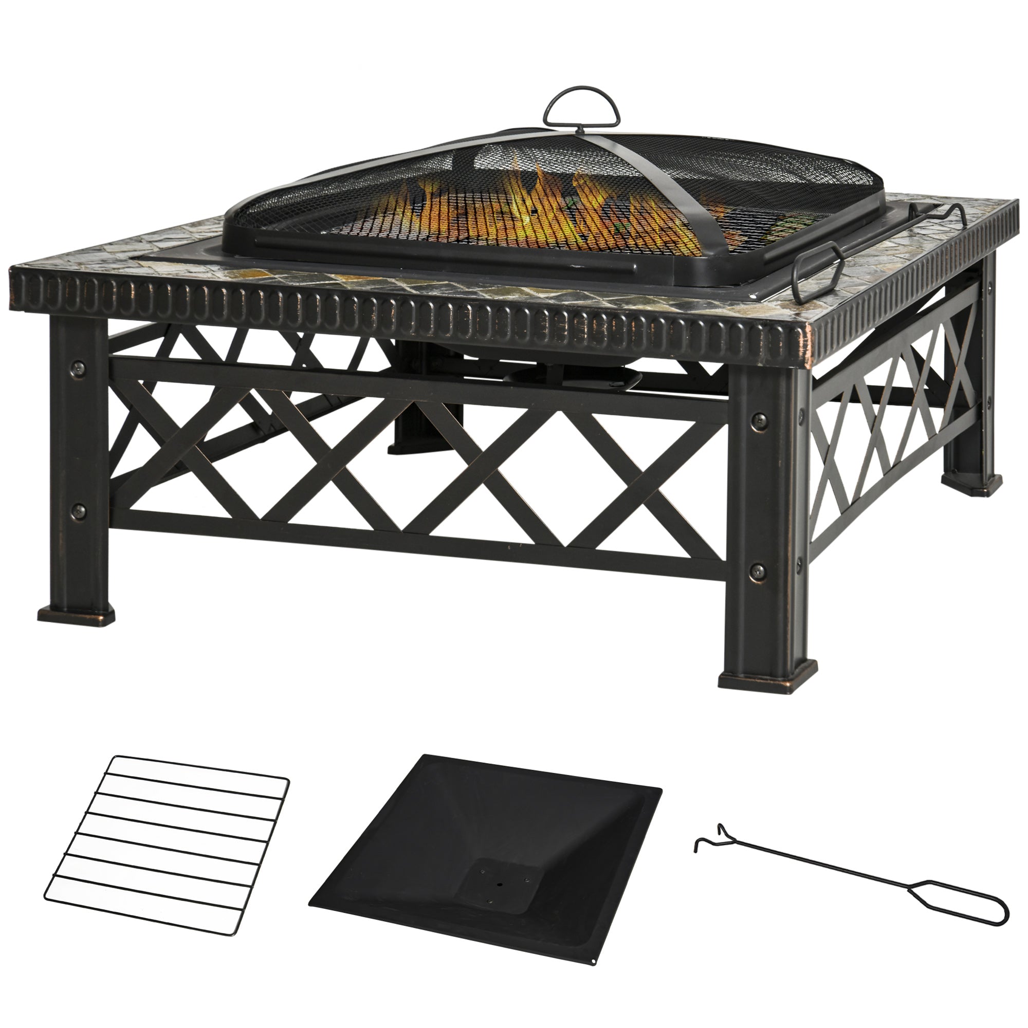 Outsunny 3-in-1 Tulease Fire Basket Tulease Sparki Kaitse Grilli Rest Jääkasteaed BBQ Must 76cm x 76cm x 47cm