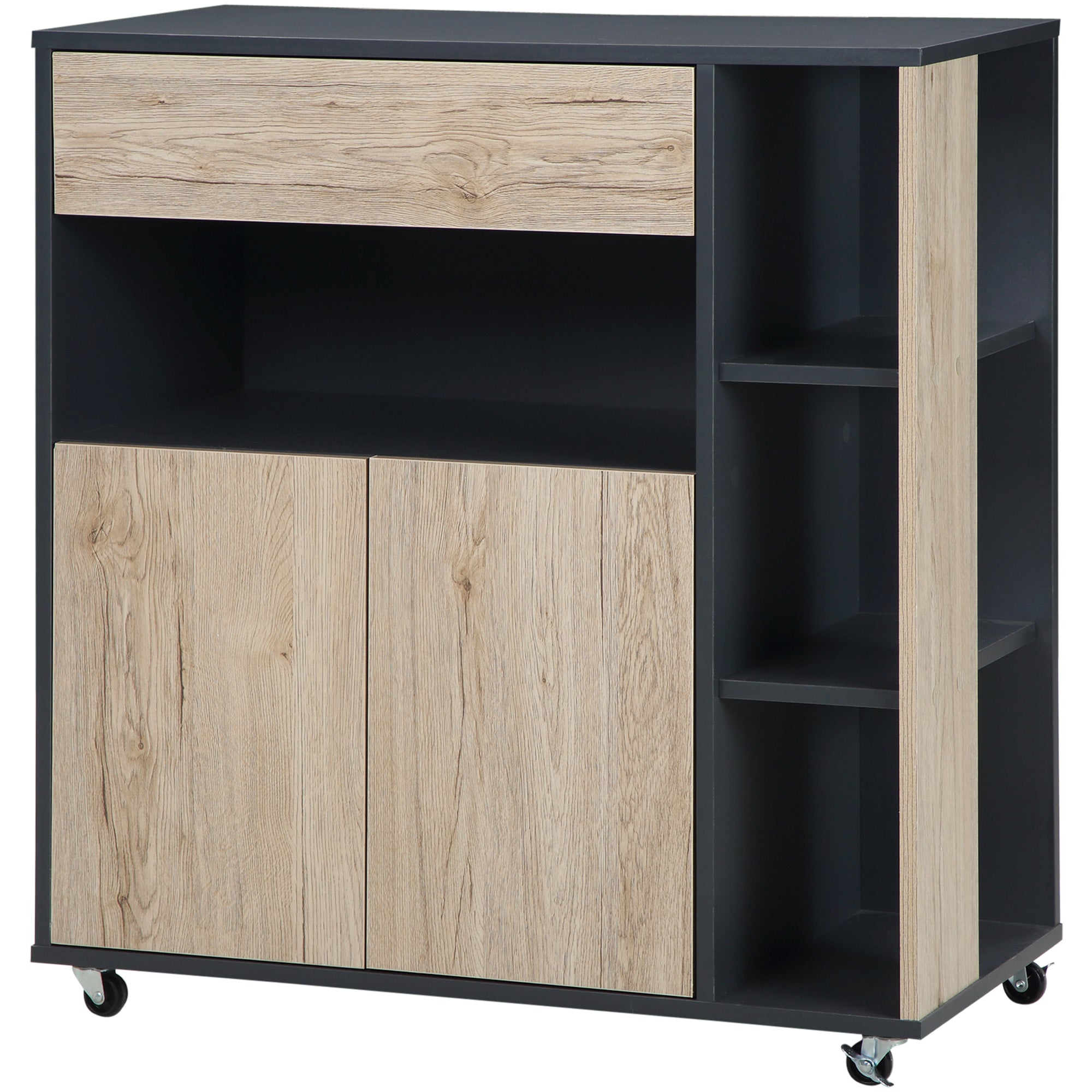 Multipurpose Kitchen Cart with Drawer, Cabinet, and Shelf, Kitchen Island Serving Trolley with 4 Wheels, 80x39x86.5cm, Wood and Black