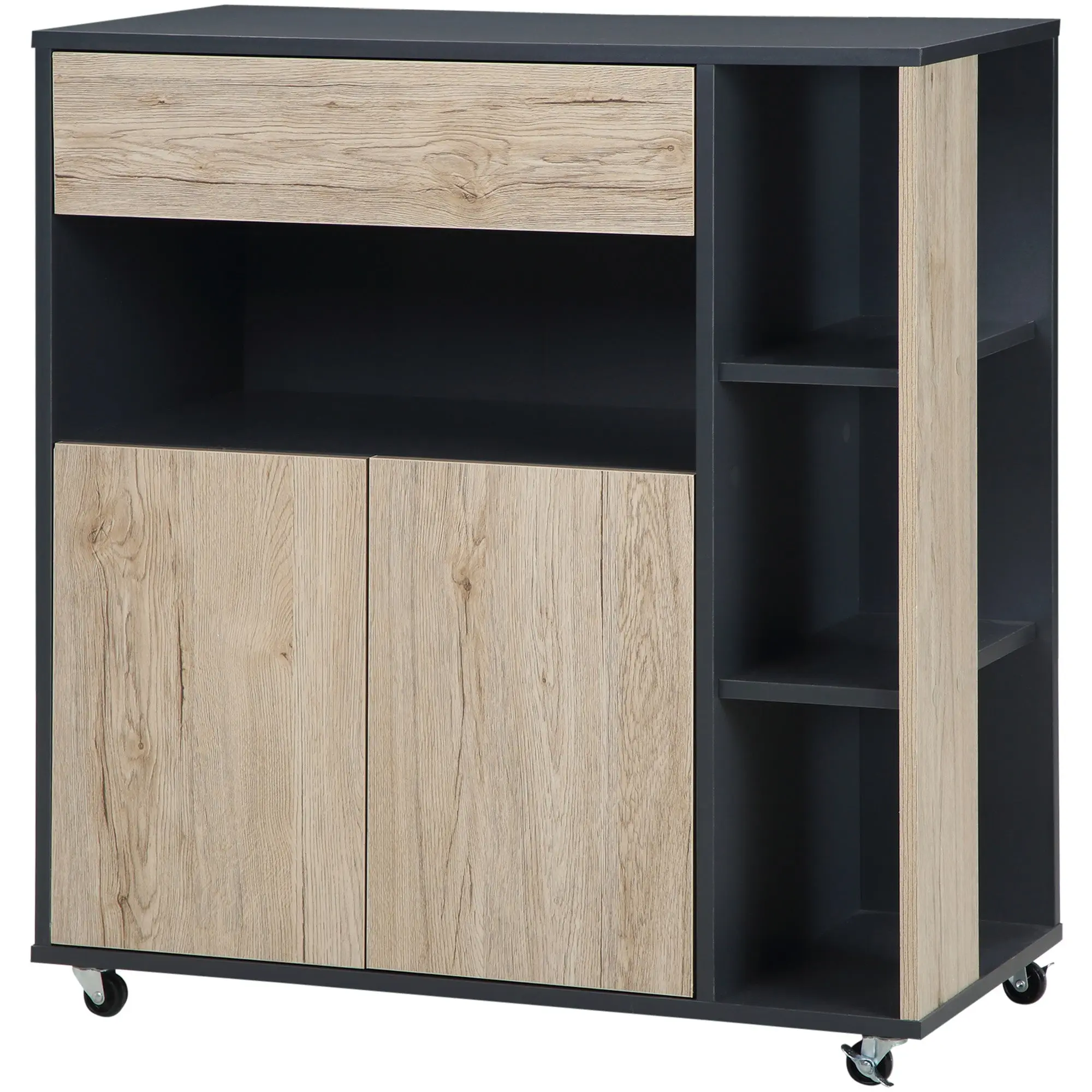 Multipurpose Kitchen Cart with Drawer, Cabinet, and Shelf, Kitchen Island Serving Trolley with 4 Wheels, 80x39x86.5cm, Wood and Black