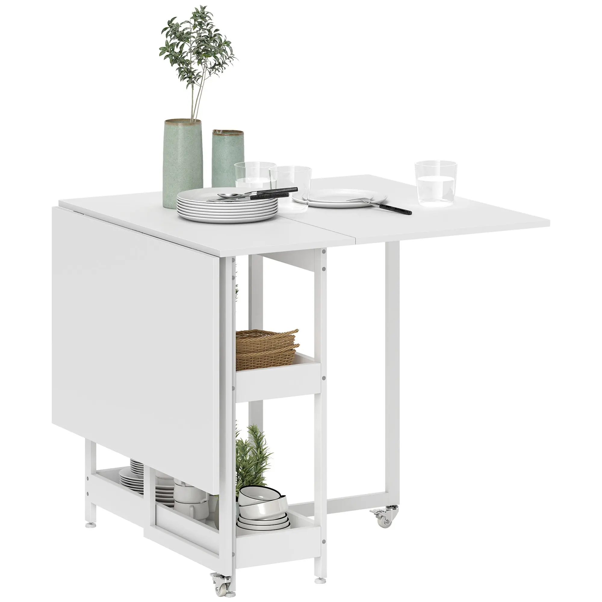 Folding Dining Table Kitchen Table for 2-4 Persons with 2 Open Shelves, Dining Table Folding Table with Wheels for Small Spaces, Dining Room, Kitchen 133.4 x 80 x 75 cm White