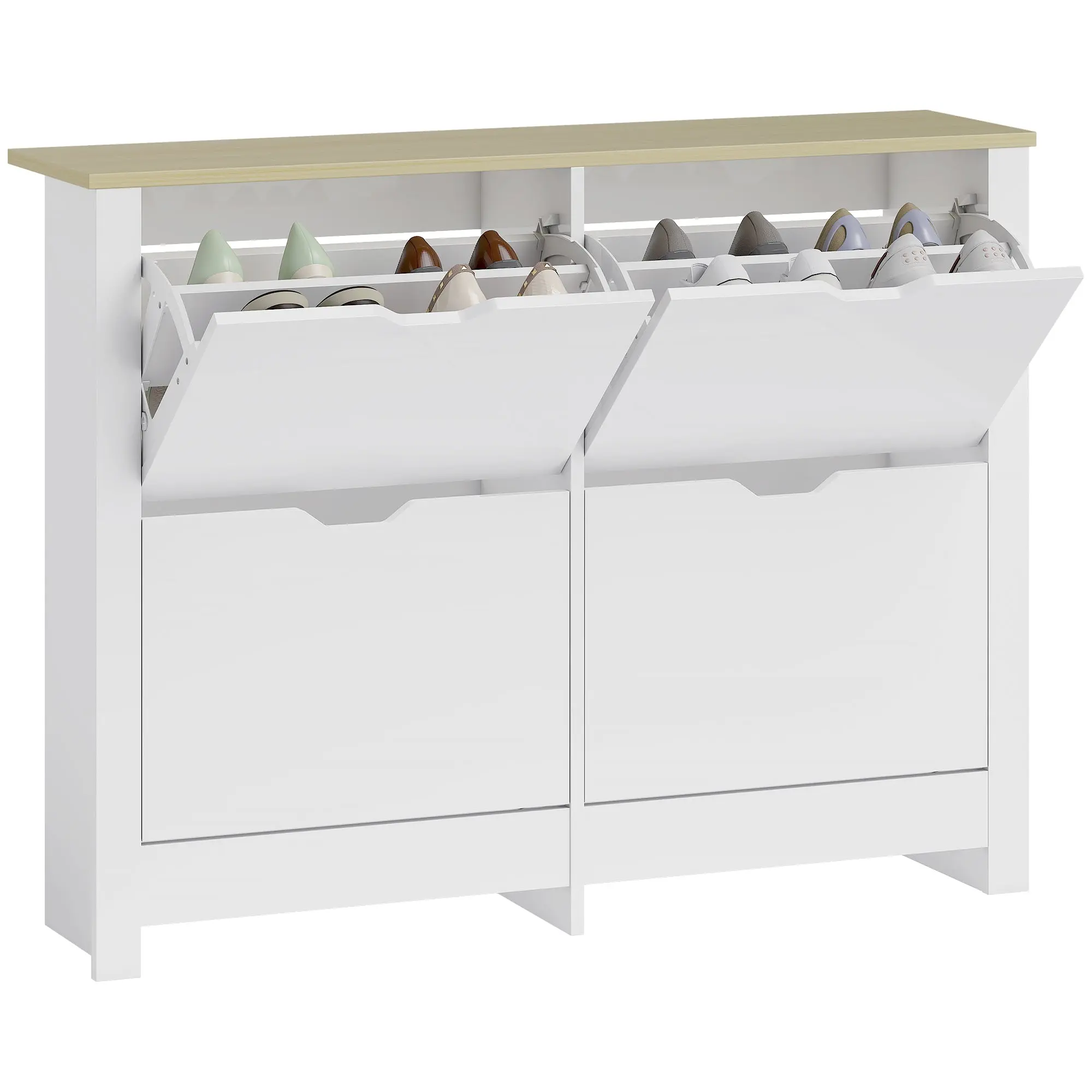 Slim Shoe Cabinet with 4 Flip Doors – Space-Saving Shoe Rack for Up to 16 Pairs, 105 x 26 x 80 cm (White/Natural)