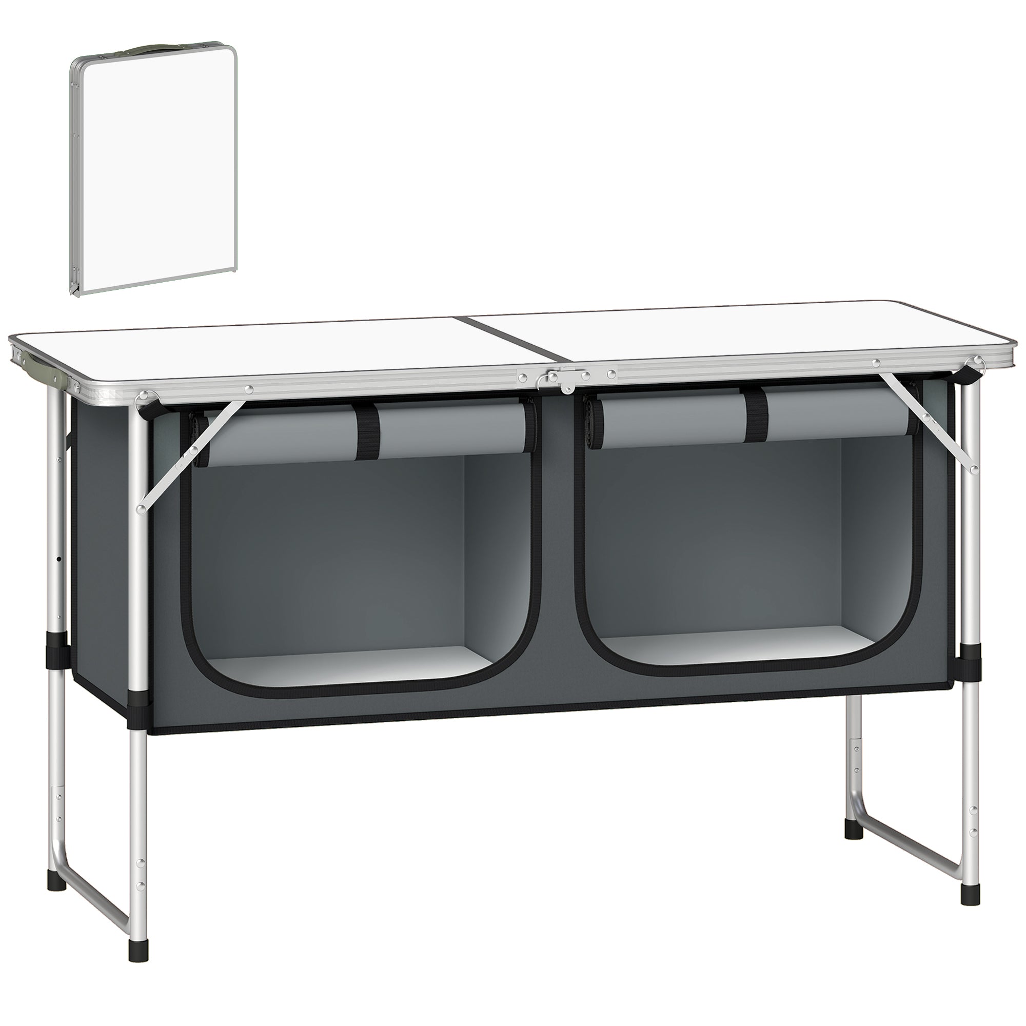 Outsunny skládací kempingový kuchyňský stůl s přenosnou skříňkou z Oxford tkaniny, hliníkový rám — 120 × 47 × 70 cm, stříbrný