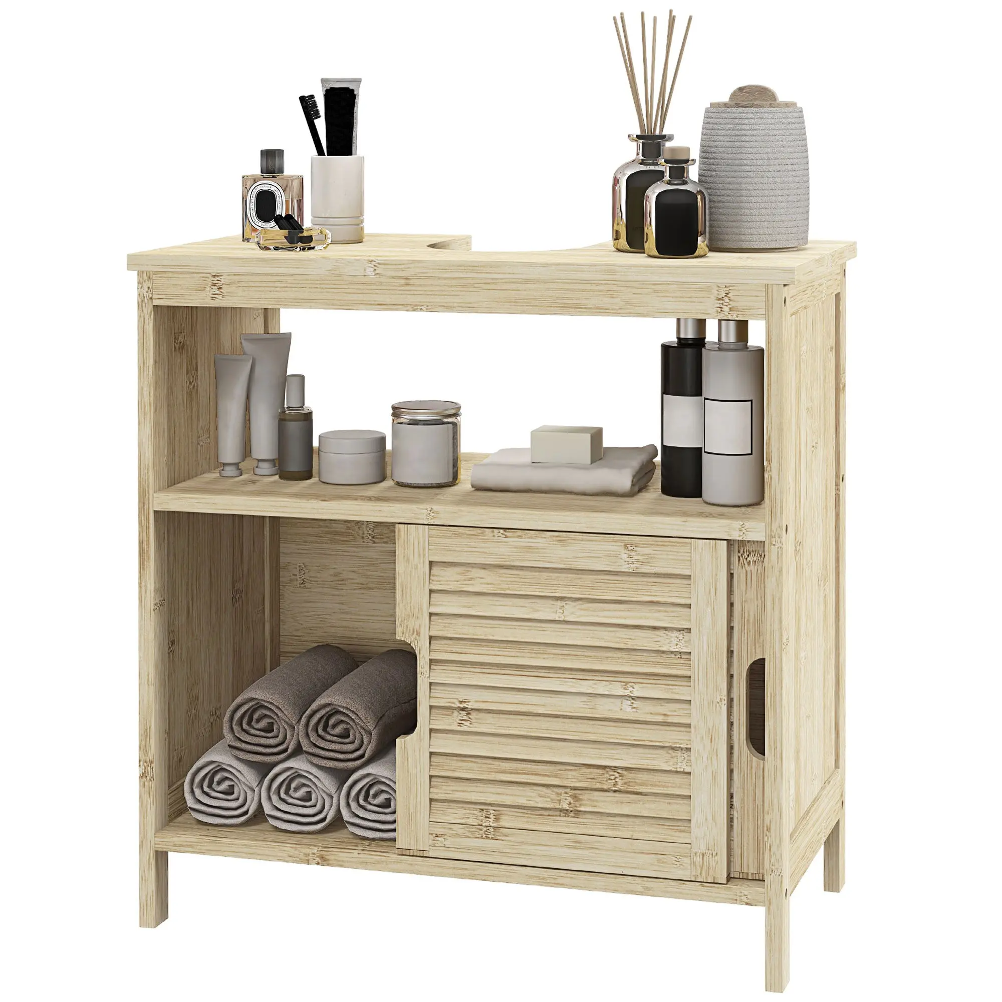 Bamboo Under Sink Cabinet, Bathroom Storage Cabinet with 2 Sliding Doors, 60 x 30 x 60 cm, Natural Wood