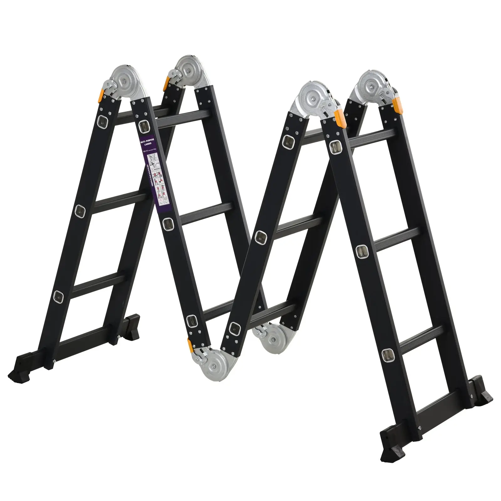 Multi-Purpose Folding Ladder Step Trestle 5 in 1 Portable with 2 Platform Plates Non-Slip Foot Aluminum Hinges 150 kg 370x61x11 cm Black