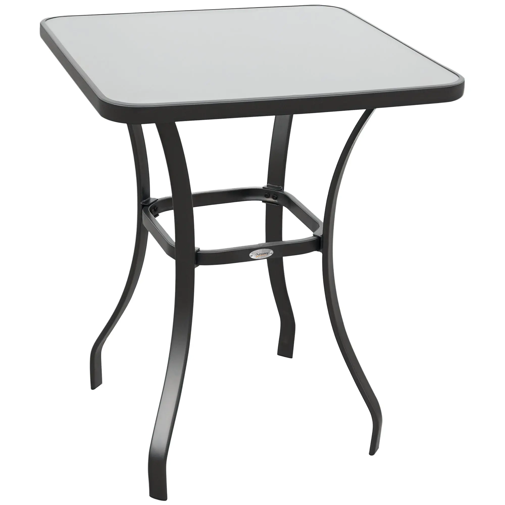 Outdoor Bistro Table, Garden Patio Table with Tempered Glass Top, Black Powder-Coated Metal Frame, Square Balcony Dining Table, 68.5 x 68.5 x 84 cm