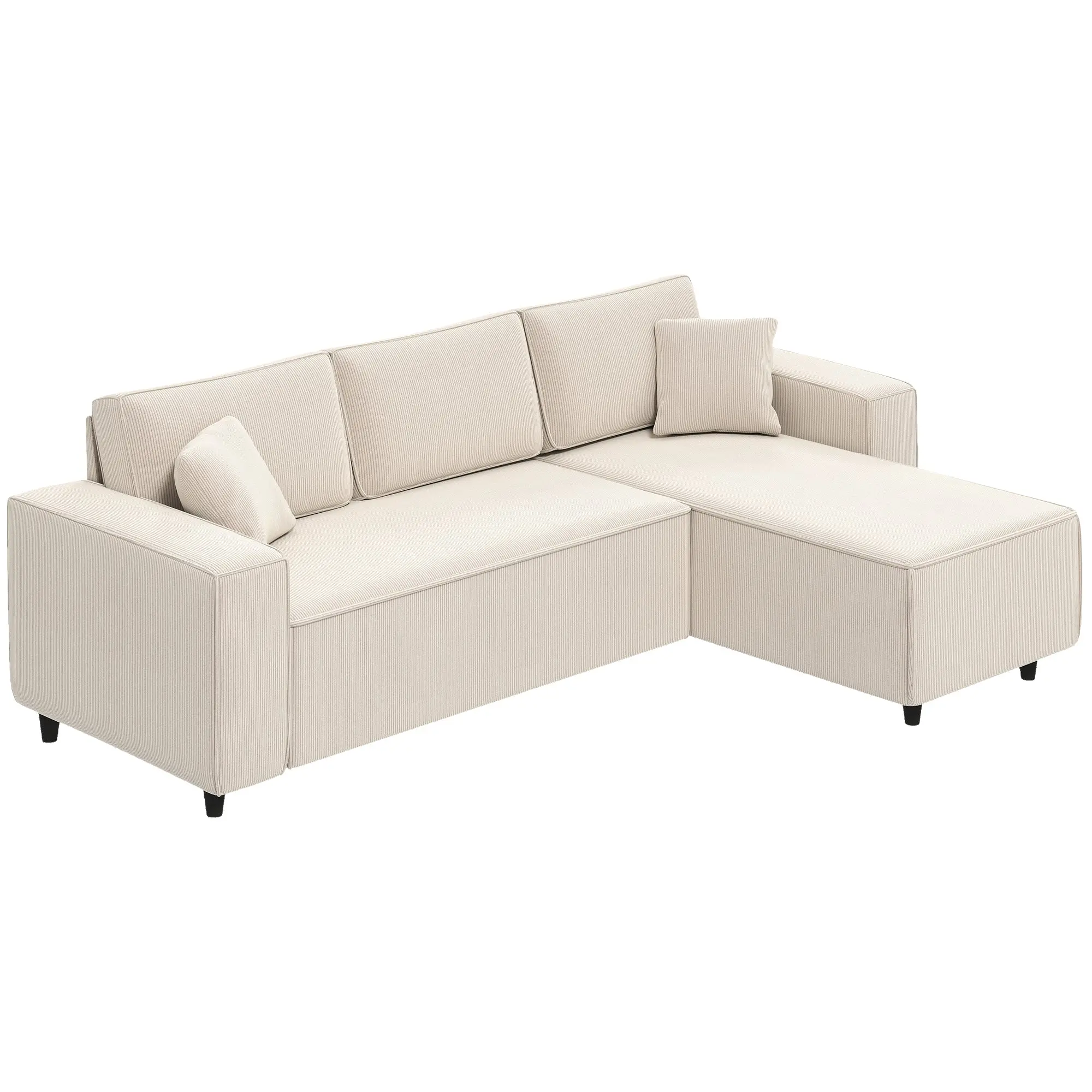 L-Shaped 3-Seater Sofa with Reversible Chaise Longue 2 Cushions Spring Padding, Cord Fabric Corner Sofa for Living Room Bedroom 241x153x83 cm Cream White
