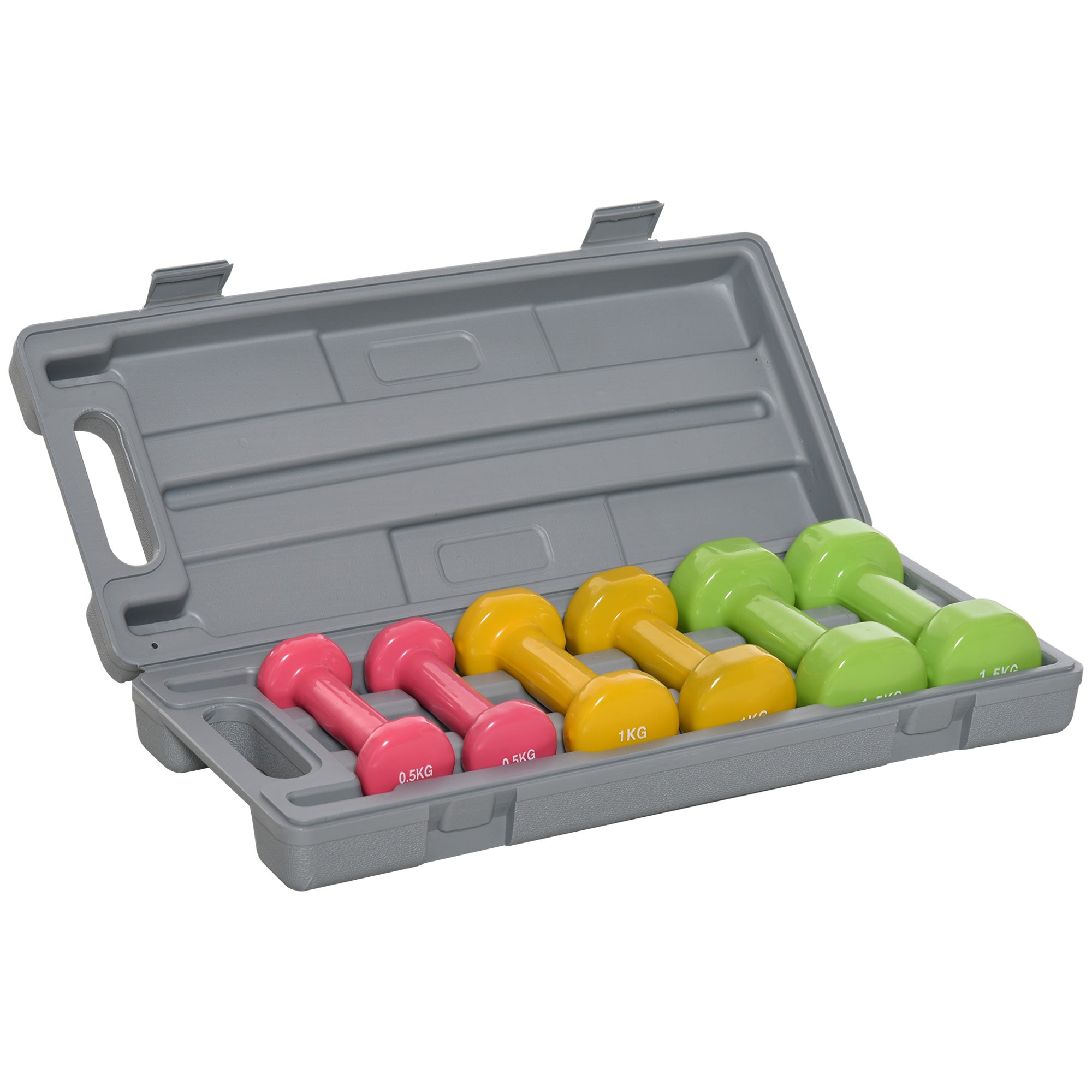 Sæt med 6 Hexagonale Håndvægte i Alt 6 kg (2x1.5 kg, 2x1 kg og 2x0.5 kg) med Neoprenbelægning og Taske 43x18x7.5 cm Multicolor