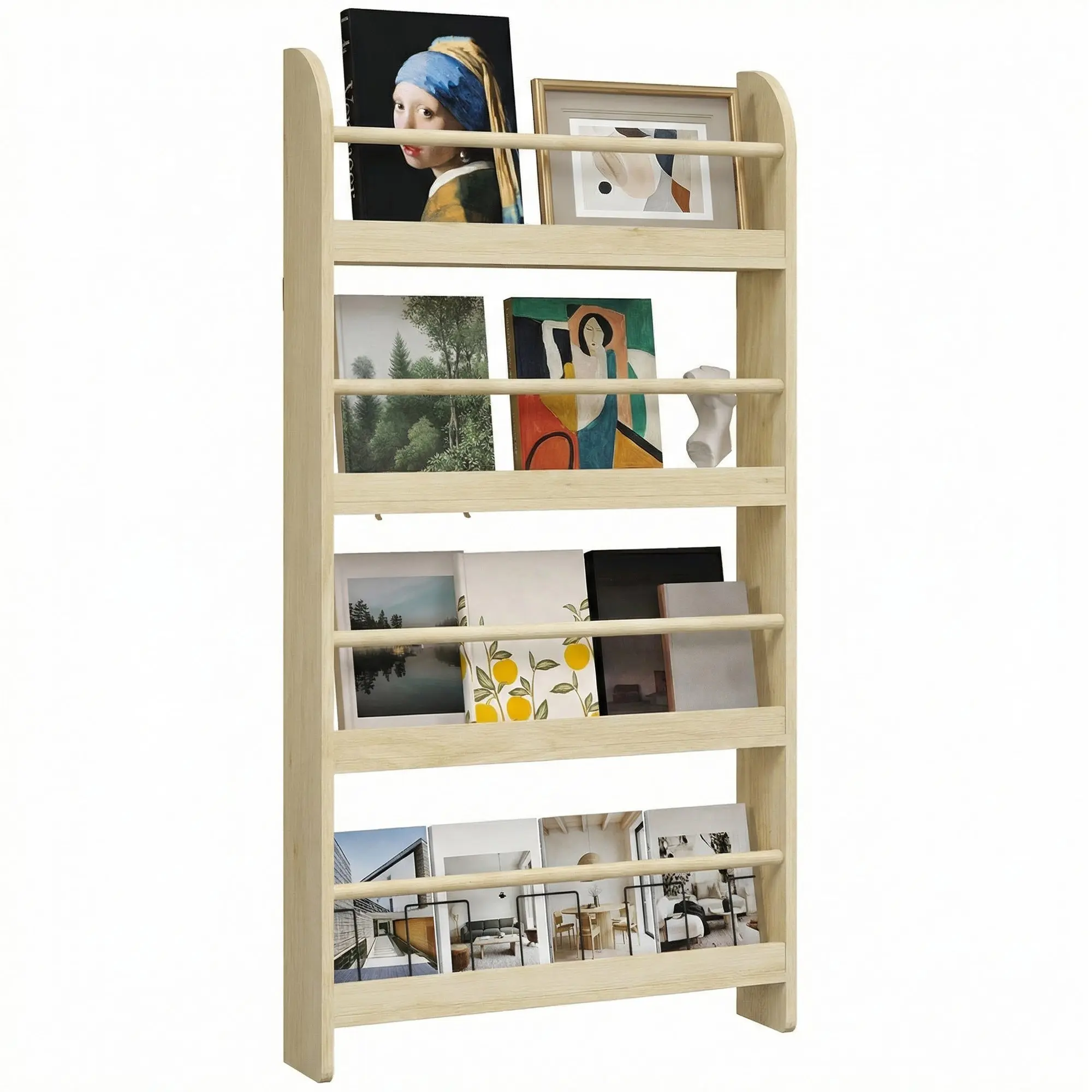 HOMCOM 4-hylde væghylde — smal bogreol i naturtræ til hjem & kontor, bæreevne 30 kg, 59×12×113 cm