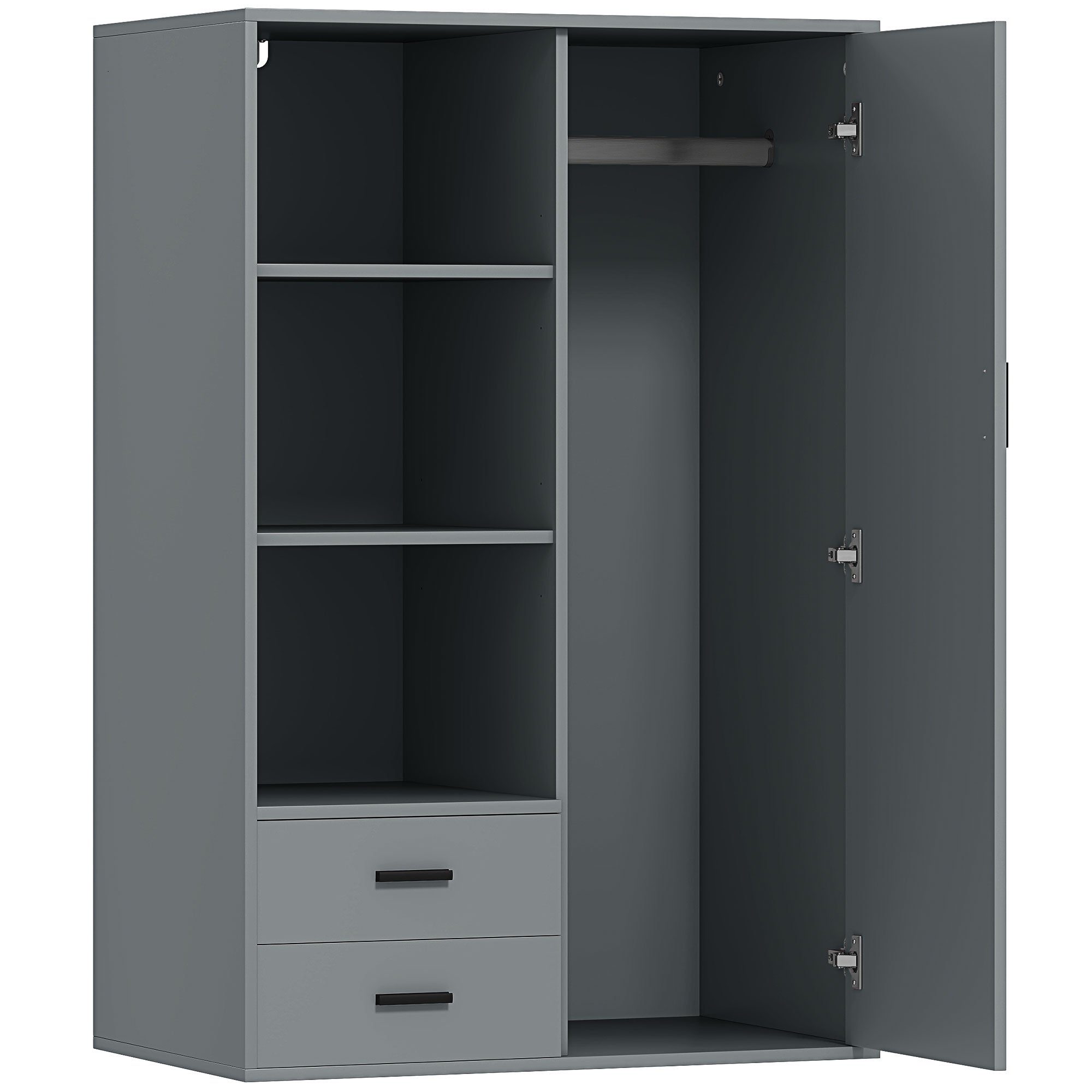 HOMCOM Moderner Kleiderschrank mit 2 Schubladen, Verstellbaren Offenen Regalen, Kleiderstange, Schrank für Schlafzimmer und Eingangsbereich, 80x50x124 cm, Dunkelgrau