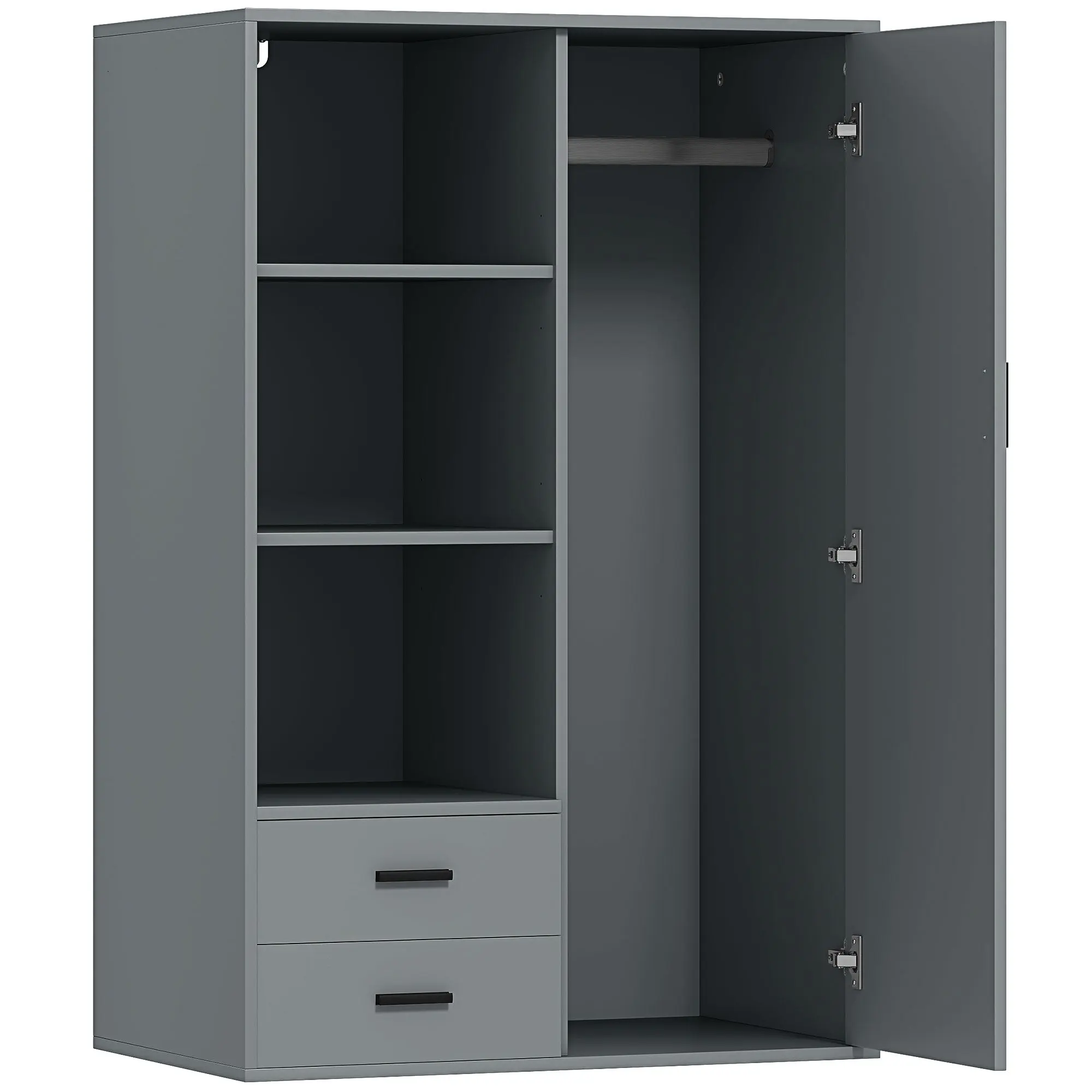 Modern Wardrobe with 2 Drawers, Adjustable Open Shelves, Hanging Rail, Wardrobe for Bedroom and Entrance, 80x50x124 cm, Dark Grey