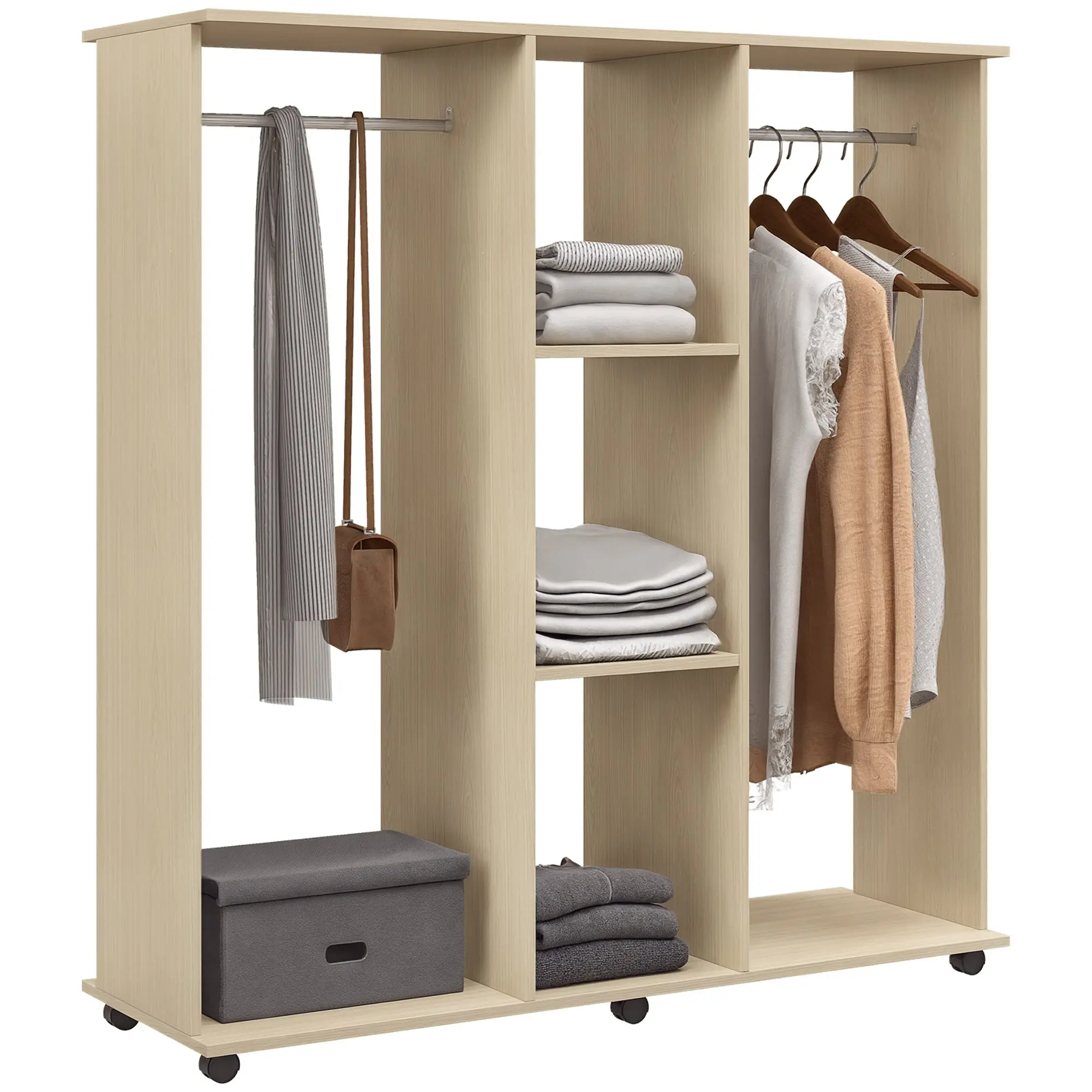 Mobile Wardrobe Storage Cabinet with 6 Wheels 120L x 40W x 128H cm Natural Wood