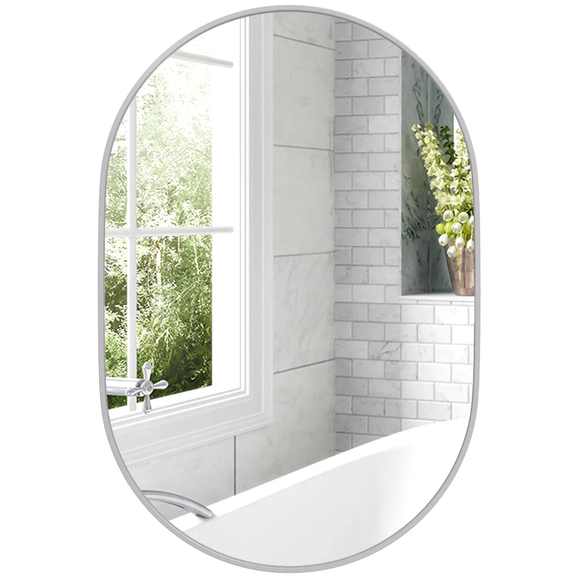 Oval Bathroom Mirror 60x90 cm with Aluminum Frame Decorative Wall Mirror Horizontal or Vertical for Living Room Entryway Hallway Silver