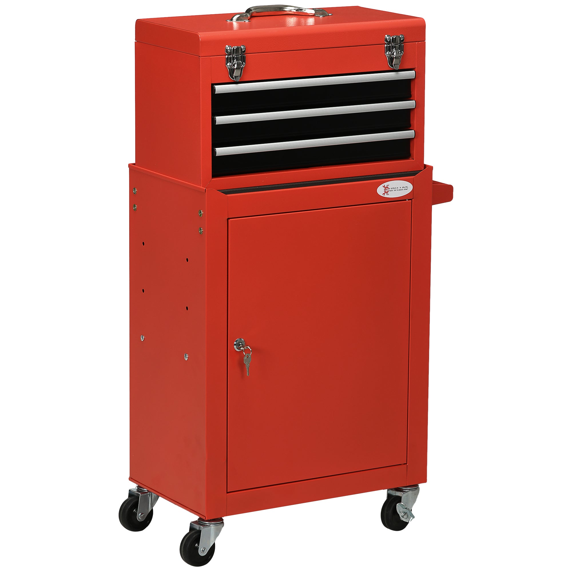 2-in-1 Workshop Trolley with Empty Toolbox, Rolling Cart for Tool Storage, Lockable Tool Box with Handle, Steel, Red