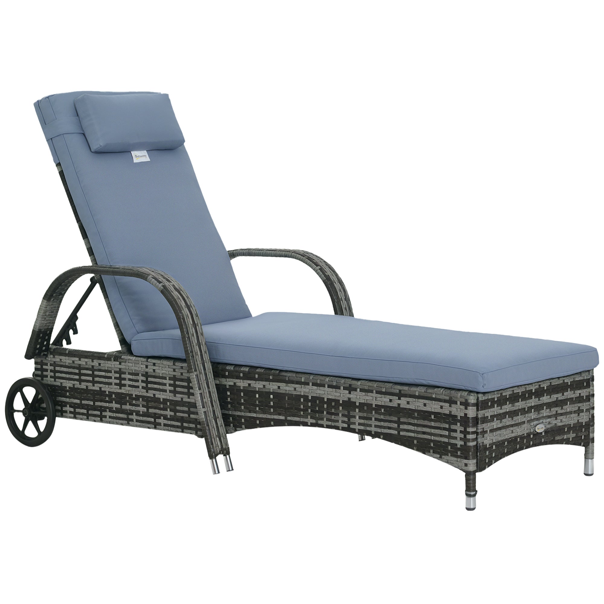 Rattan Sun Lounger with 5-Position Adjustable Backrest, Cushion, Wheels, Pillow, 160 kg Capacity Recliner Chair for Garden, 200x73x30-103cm, Gray
