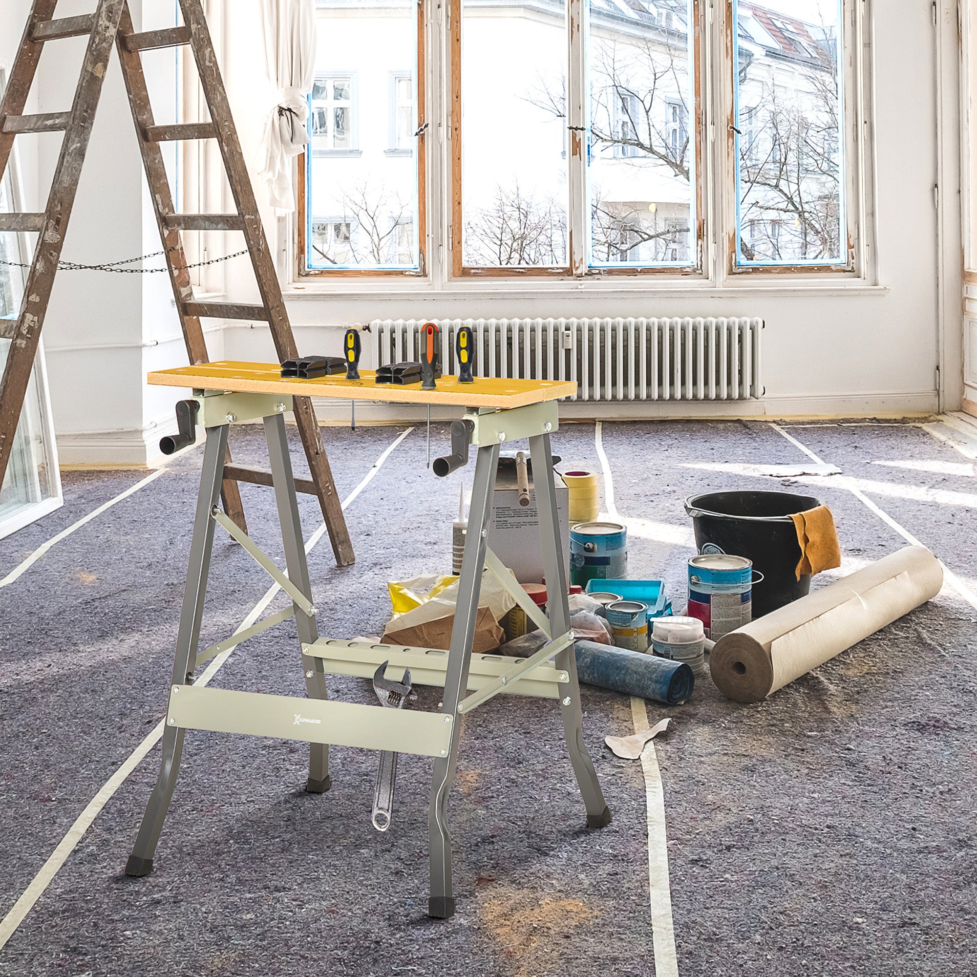 DURHAND Sammenklappelig Arbejdsbord med 4 Klemmer, 100 kg Belastning, Stålstruktur, Arbejdsflade til Værksted, Garage og Byggeplads, 62,5x60,5x78,5 cm, Grå