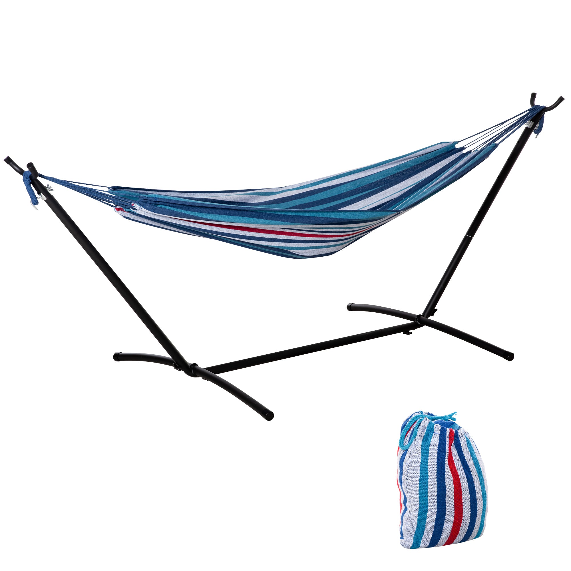Outsunny Hængekøje med Stativ 310x117 cm Camping Hængekøje med Bærenet Justerbar Højde 120 kg Belastning til Patio Terrasse Blå og Hvide Striber