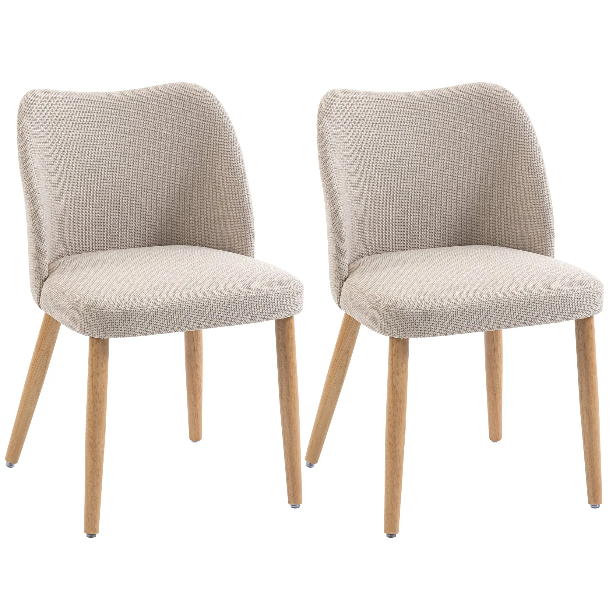 Set of 2 Linen-Effect Dining Chairs — Scandinavian Kitchen Chairs with Rubberwood Legs, Curved Back, Padded Seat for Kitchen, Bedroom, Living Room, Cream