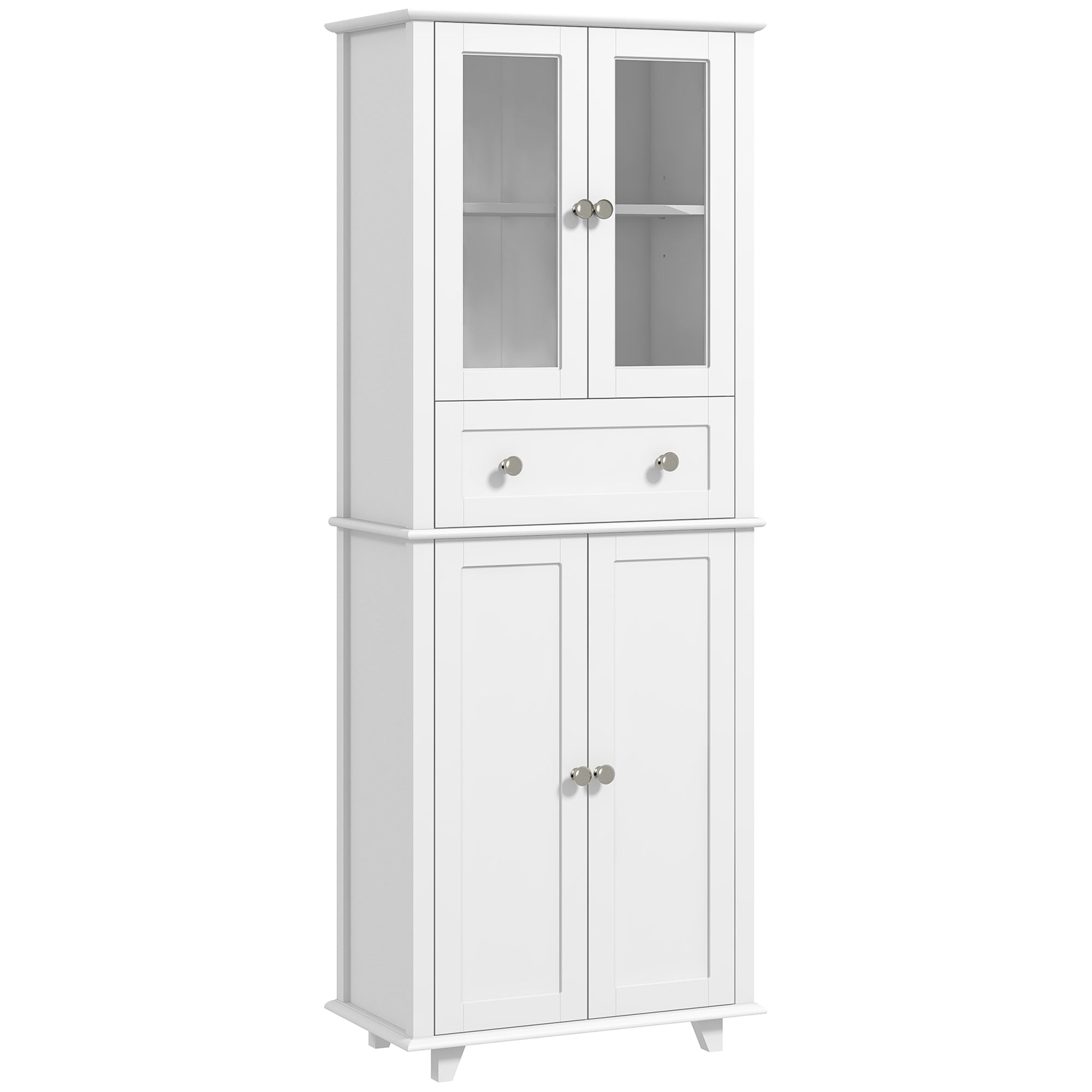 HOMCOM Køkken Pantry Skab - Skab med 2 Tempererede Glasdøre, Skuffe og Justerbare Hylder - Sideboard til Spisestue 61x35x168,5 cm Hvid