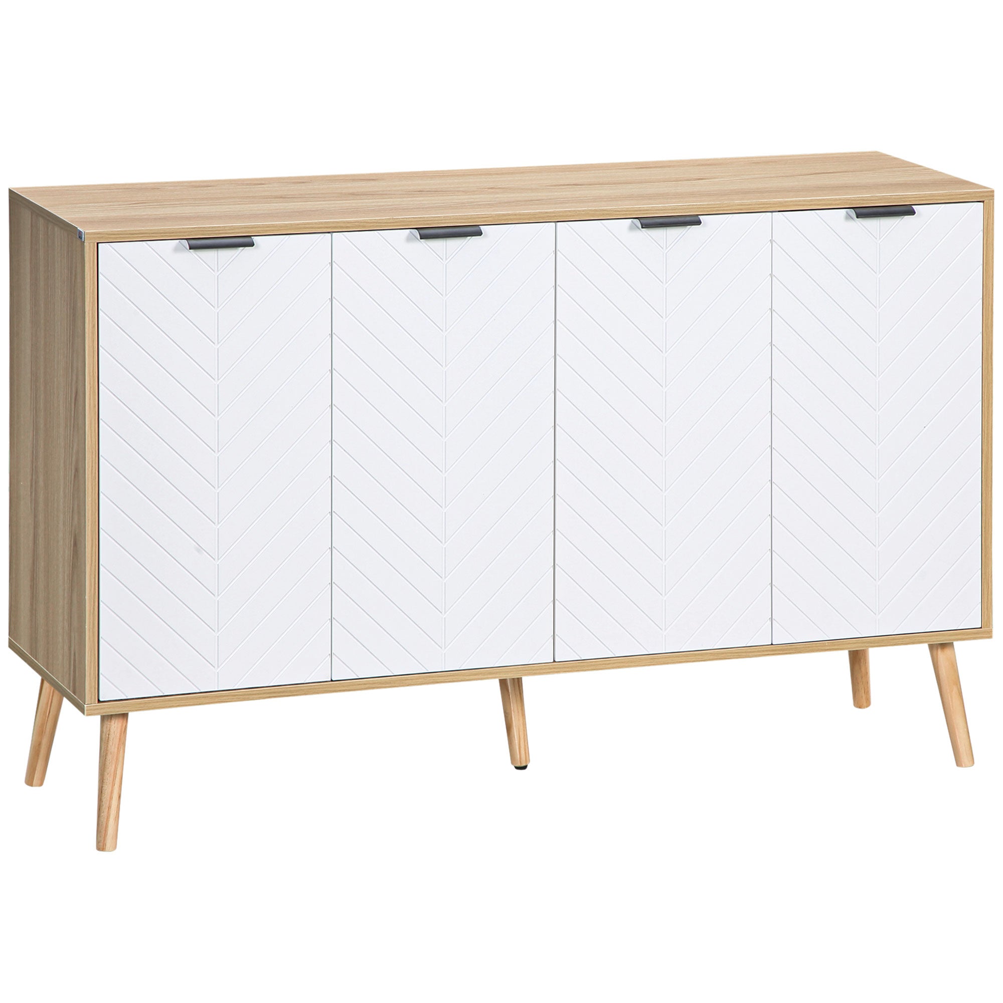 HOMCOM Virtuves Buffets ar 4 Fasonpaktām Durvīm, Koka Kājām un Regulatorām Plauktiem, 120x35x77.4 cm, Balts un Dabīgs