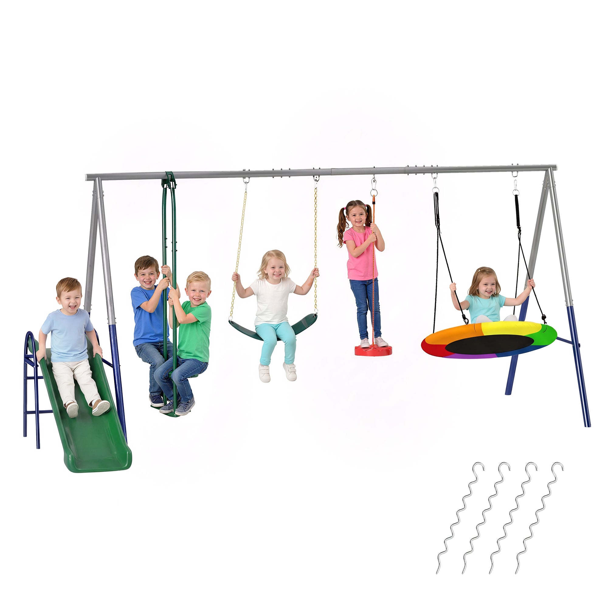 AIYAPLAY 5‑in‑1 Schaukelset fir Kanner mat Rutsch – justéierbar Sëtzer, Nest‑ a Gurtschaukelen, robuster A‑Rahmen, mehrefaarweg (fir 3–8 Joer)