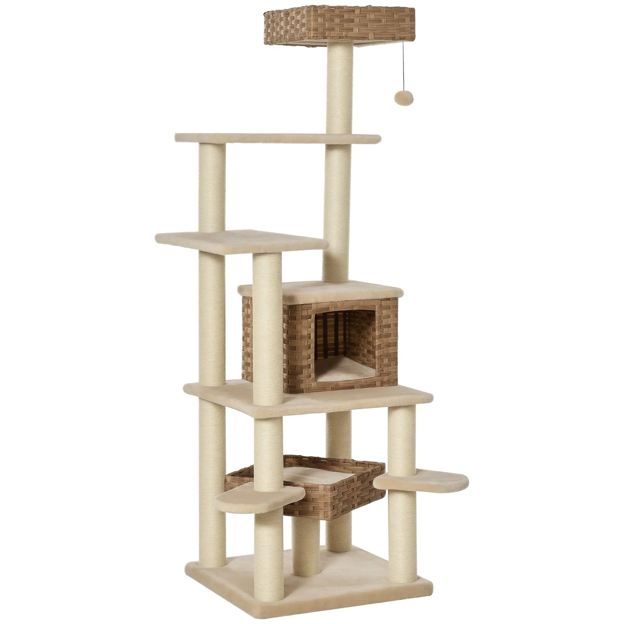 Rattan Cat Tree with Cat Cave Multi-Level Cat Tree Climbing Tree for Cats E1 MDF Sisal Beige+Brown 55 x 55 x 174 cm