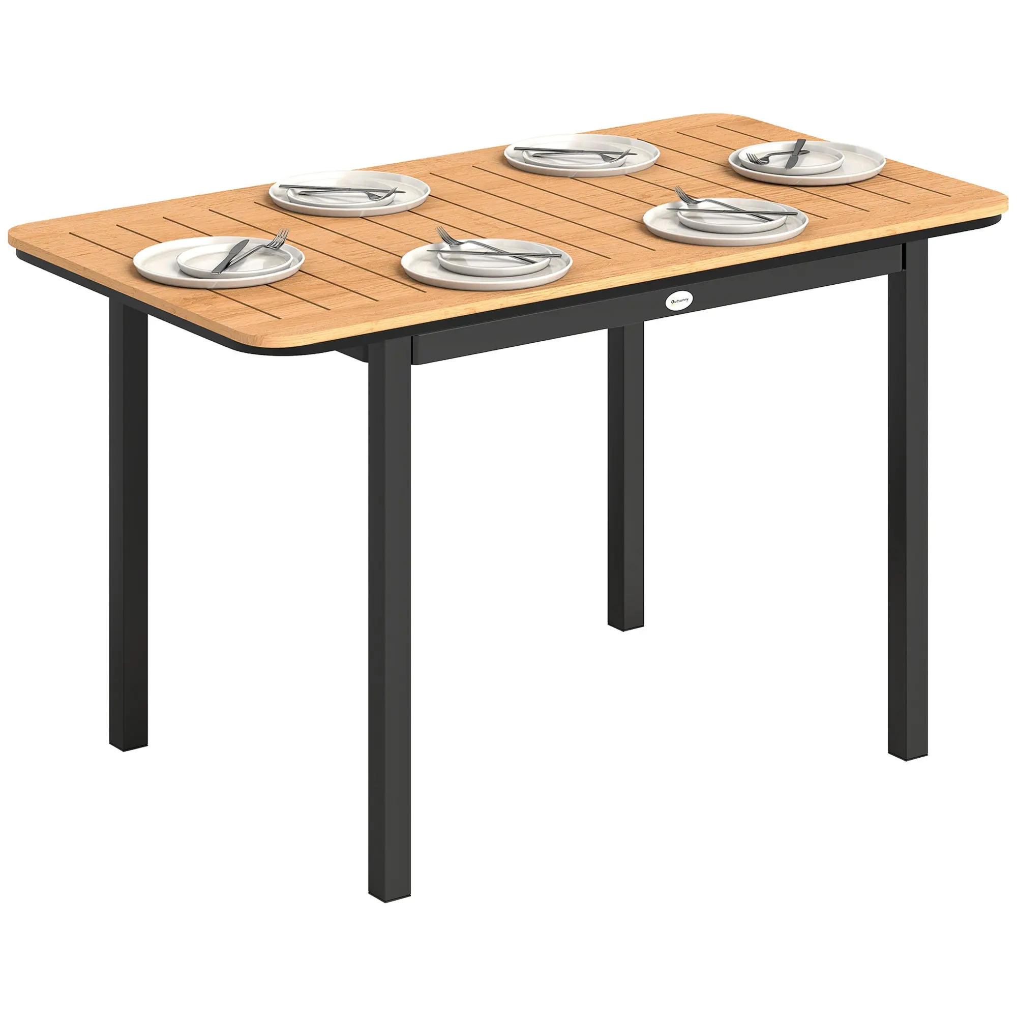 Outdoor Dining Table for 6 — 127 x 70 cm (50 x 27.6 in), WPC Slatted Top, Powder-Coated Metal Frame, Adjustable Feet, Brown