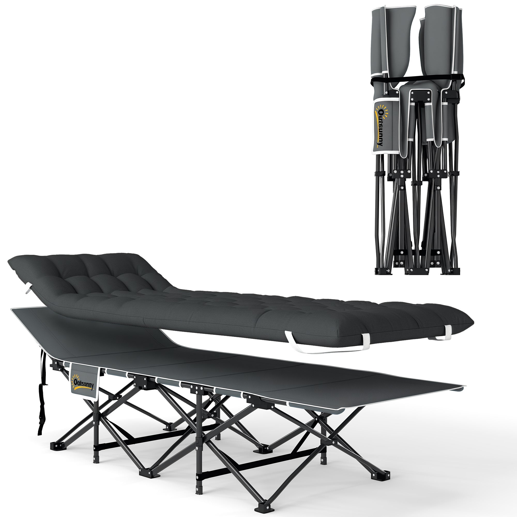 Outsunny Klappbares Campingbett – Tragbares Campinglager mit Kopfstütze, abnehmbarem Matratze und Tragetasche, bis 150 kg belastbar für Strand und Wandern, 196x68x37 cm Schwarz