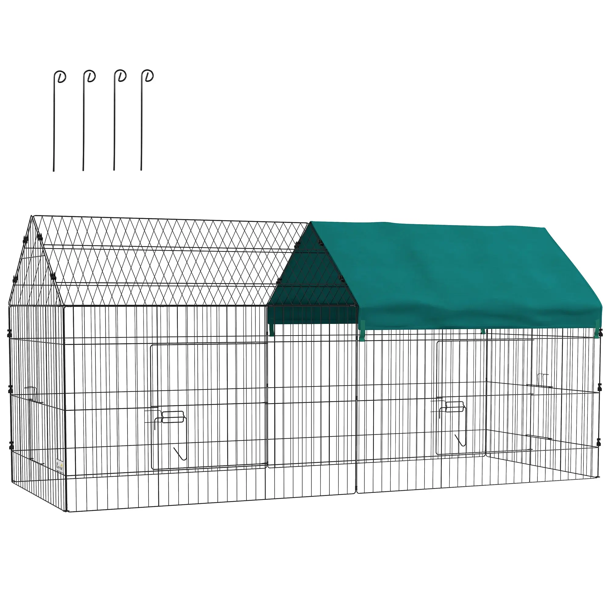 Outdoor Enclosure 220 x 85 x 103 cm Small Animal Enclosure with Cover, 4 Doors, Guinea Pig Enclosure for Rabbits, Indoor, Outdoor, Steel, Green