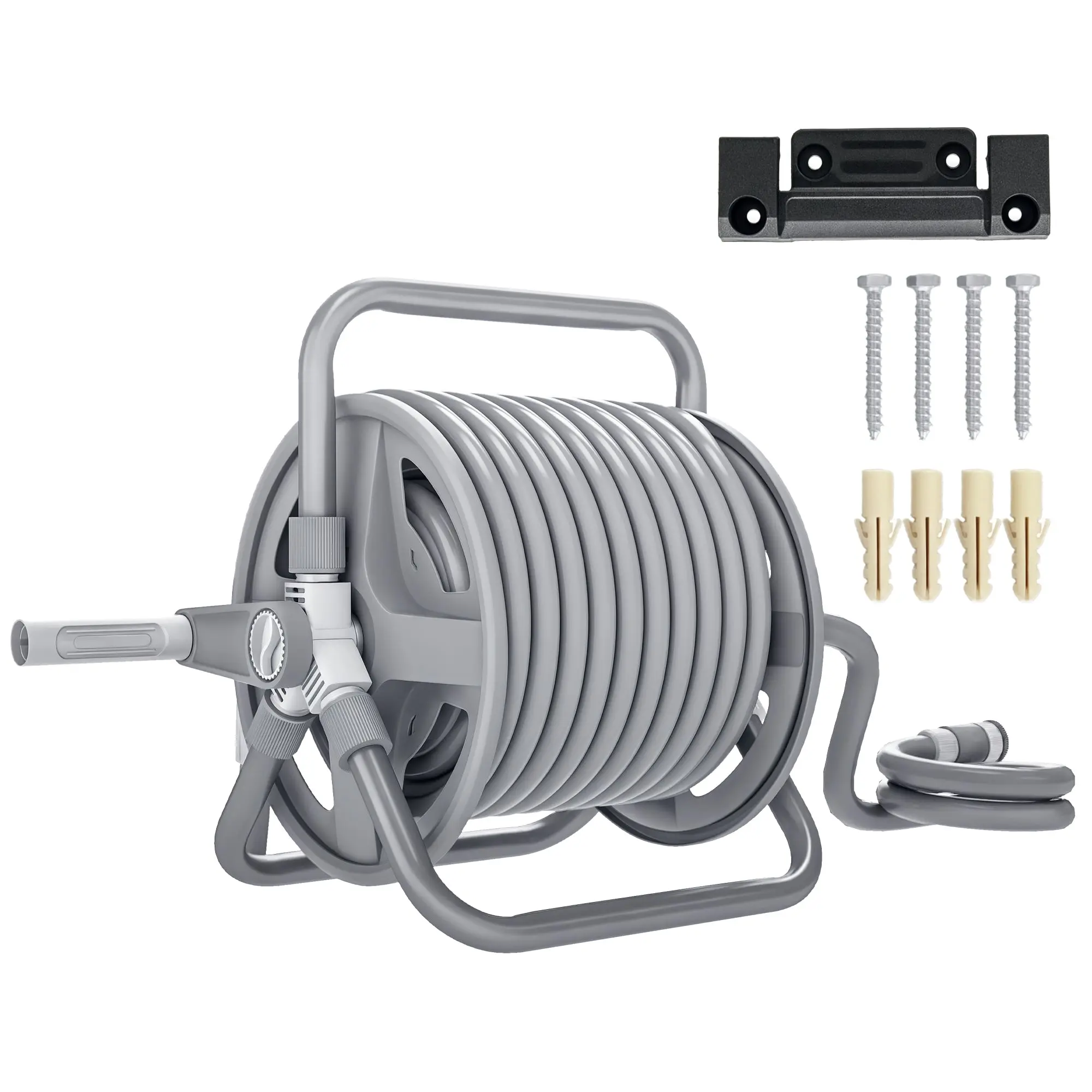 Hose Reel with 20m Hose and 2m Inlet, Adjustable 2-in-1 Spray Nozzle, Wall-Mounted or Free-Standing
