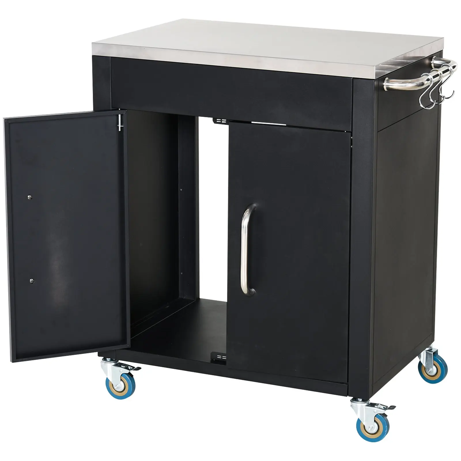 Kitchen Island Cart with Wheels, Rolling Kitchen Trolley with Stainless Steel Top, Storage Cabinet, 6 Hooks & Handles, Mobile Prep Table, Black 86x50x86.5 cm