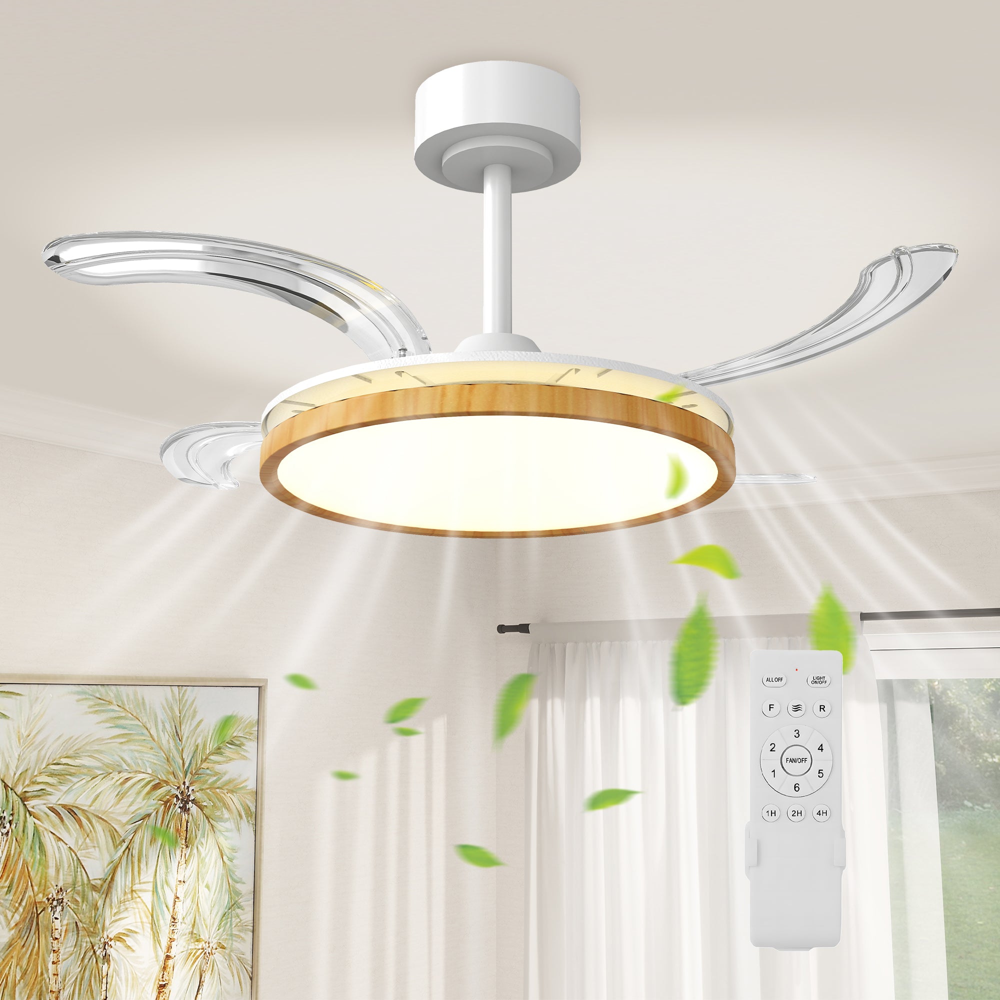 HOMCOM LED lubų ventiliatorius su šviesa, 80 W, atbulinis DC variklis, tylus, su nuotoliniu valdymu, 6 greičiai, 3 spalvų temperatūros, laikmatis, svetainėms, Ø95 cm, natūrali mediena