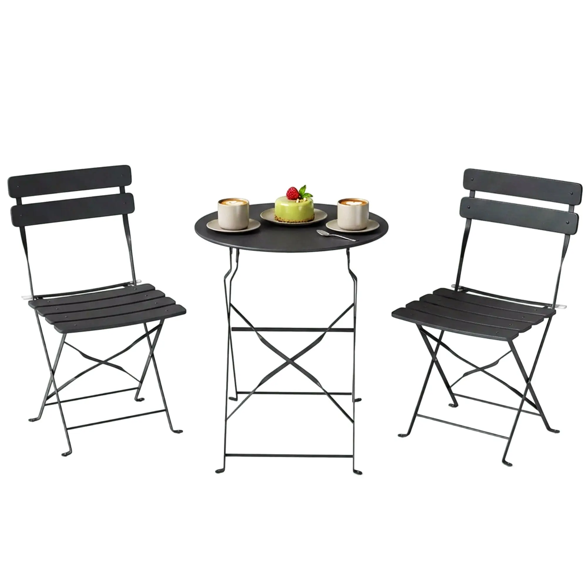 3-Piece Bistro Set – No Assembly Required, Folding Slatted Metal Table & 2 Chairs with Double Rust Protection, Black