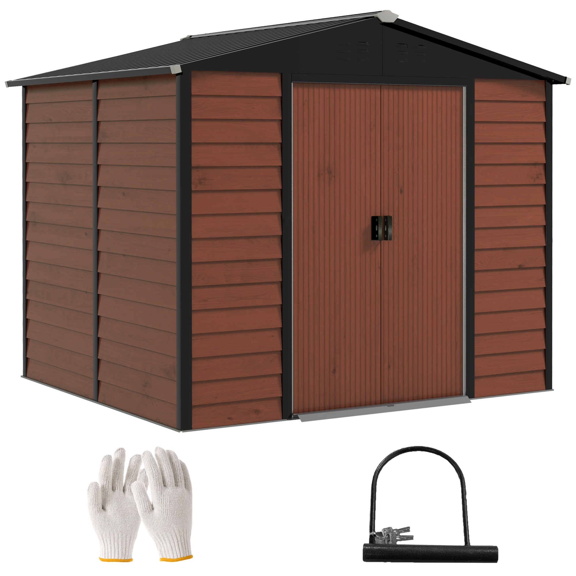 Tool Shed 4.4 m?, Garden House with Pent Roof, Sliding Door, Foundation, Easy Assembly 240 x 206 x 198 cm, Tool Shed made of Galvanized Steel, Weatherproof, for Garden, Teak