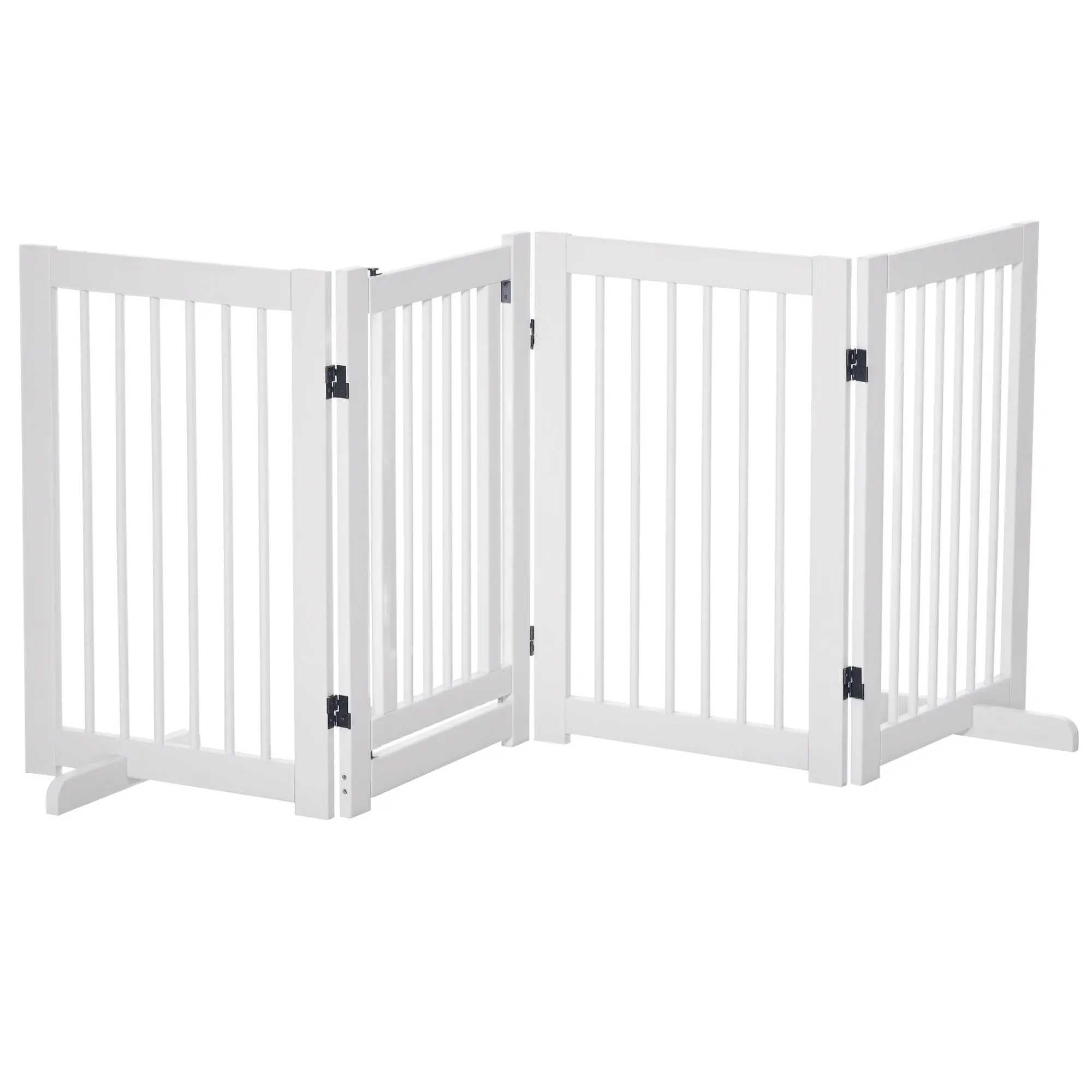 Free-Standing Dog Barrier with Feet 204 x 75 cm White Wood Dog Gate Stair Gate Door Guard Gate for Stairs, Doors, Kitchen, Hallway, 4 Panels