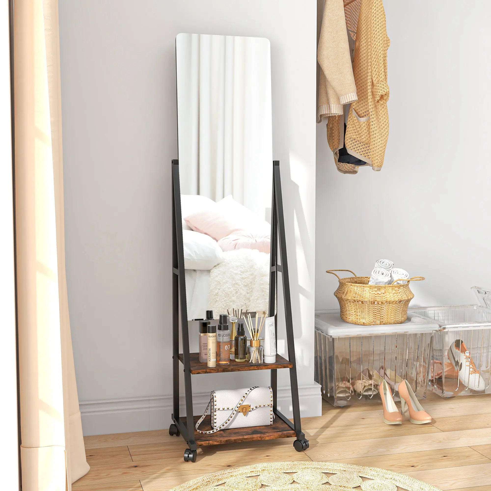 Rectangular Standing Mirror Full Length Rolling Floor Mirror with Adjustable Angle 2 Shelves 4 Wheels - dim. 42L x 37W x 155H cm - black and rustic brown