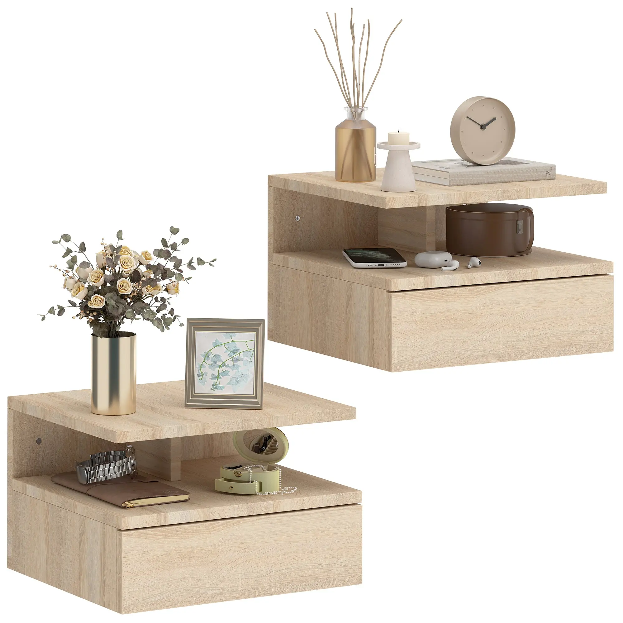 Set of 2 Floating Nightstands with Drawer — Wall-Mounted Modern Bedside Tables, Oak, 13.8 x 12.6 x 8.9 in