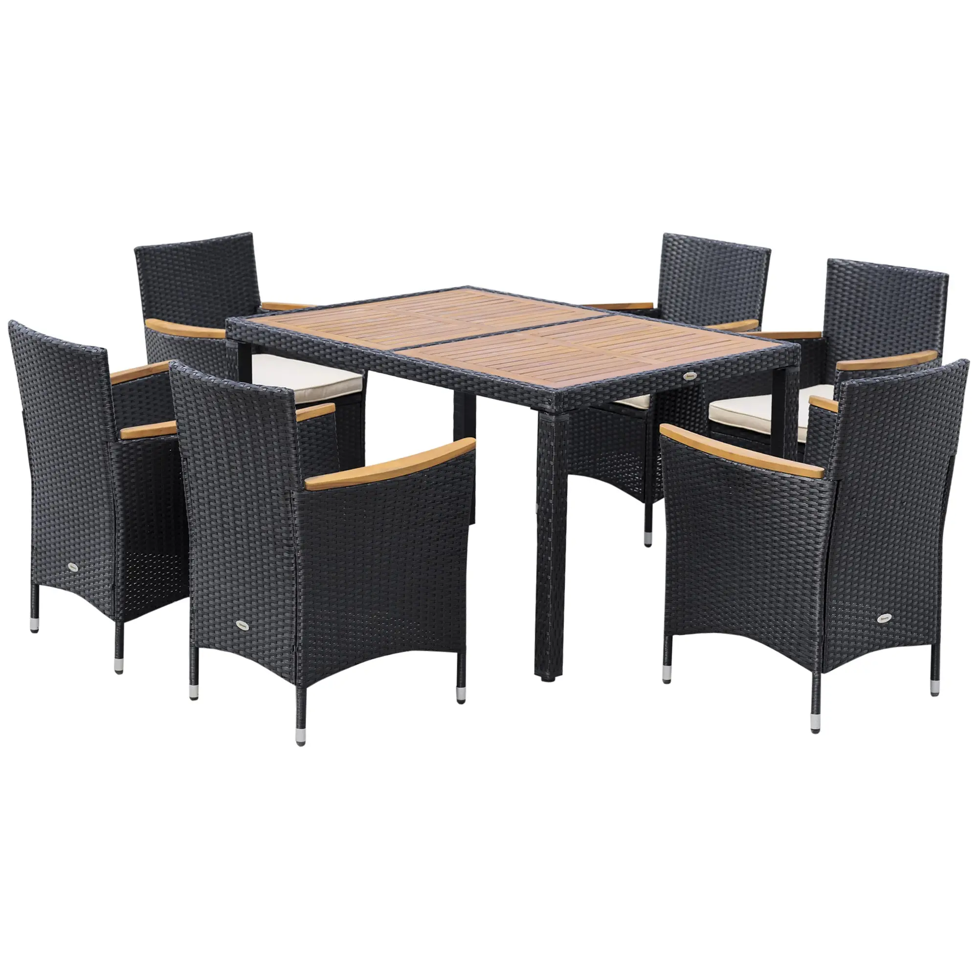 6-Person Garden Furniture Set Large Rectangular Dining Table + 6 Chairs & Washable Cushions Steel PE Resin Wicker Acacia Wood Black and Beige